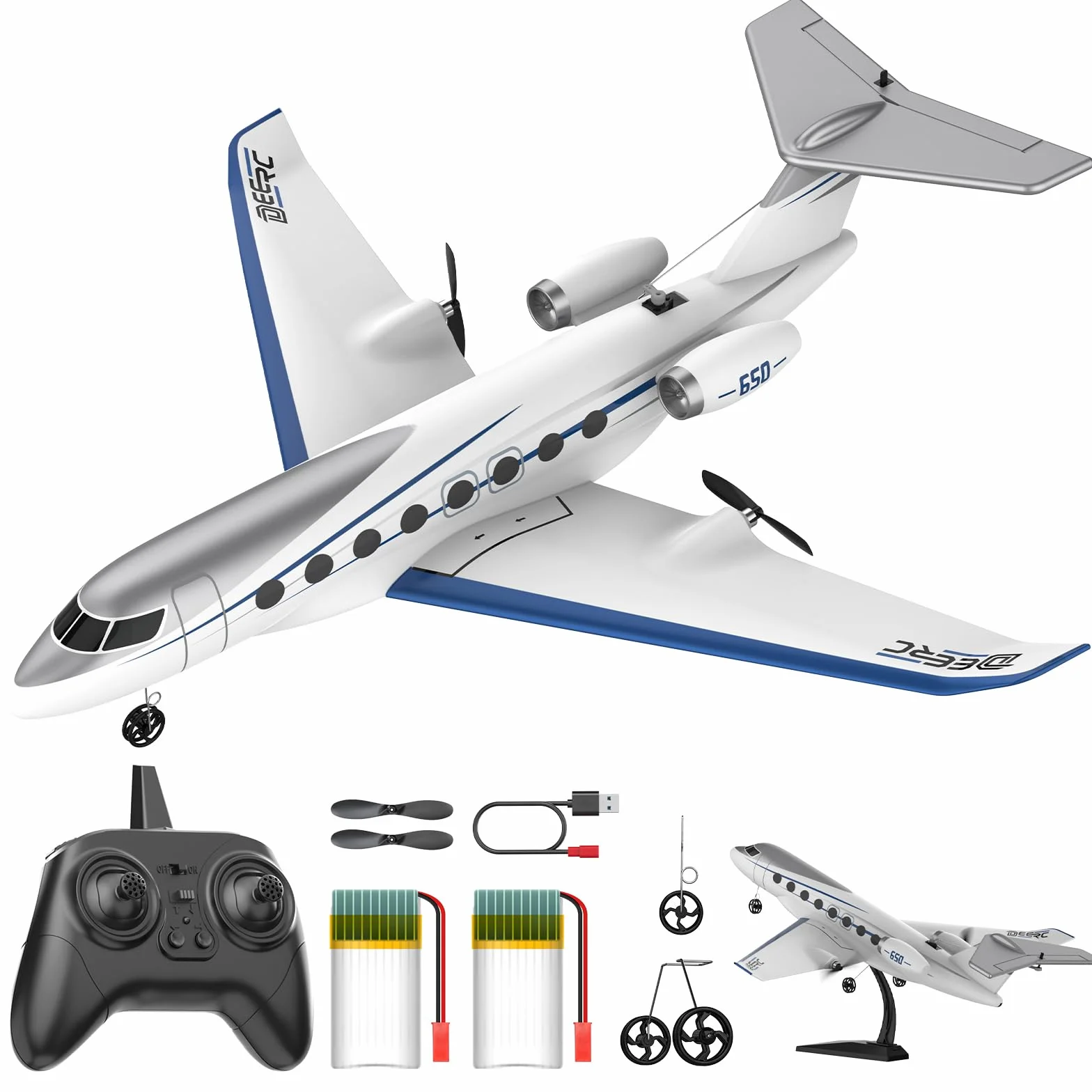 DEERC Avion Teledirigido G650, Jet Privado, Avión RC de 3 Canales, Juguete, giroestabilizador de 6 Ejes de 2,4 GHz, Planeador RTF, fácil de Volar, Ideal para Principiantes, niños y Adultos.