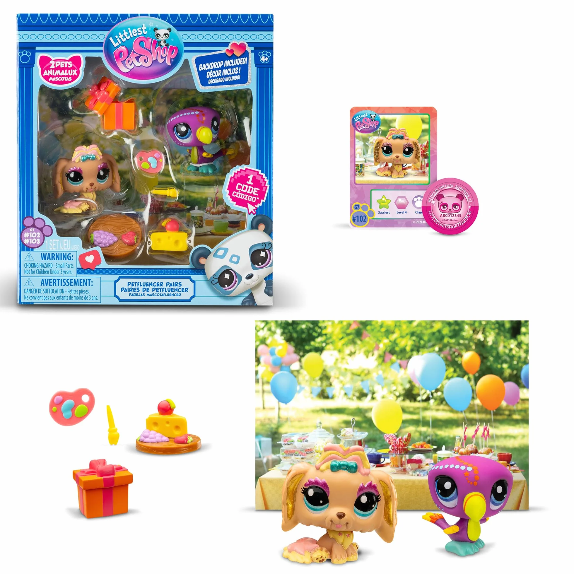 BANDAI Littlest Pet Shop Pack PETFLUENCERS Fiesta AL Aire Libre BF00572 Incluye 2 Mascotas, 4 Accesorios, 1 Fondo, 1 Tarjeta de coleccionista, 1 código Virtual, Generación 7, 4 años+