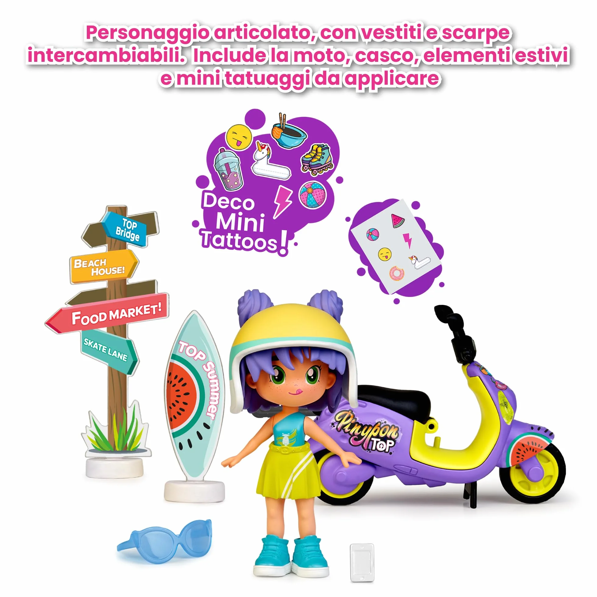 Pinypon Top Moto Girl, Figura Articulada de Brazos y Piernas, Set de Chica Top con su Moto, Incluyen Casco y Gafas, Ropa y Zapatos Intercambiables, Doble Cara y Decoración, +4 años, Famosa (PNN03000)