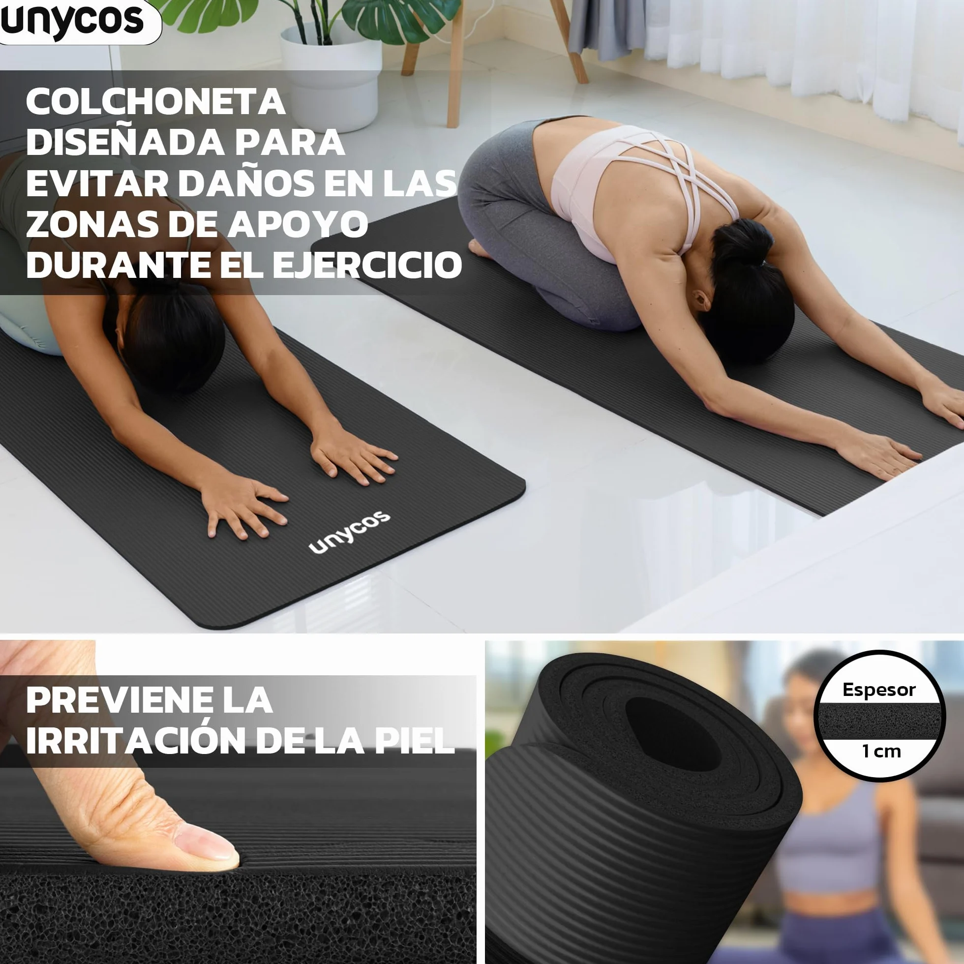 unycos Esterilla de Yoga NBR Poliéster Antideslizante Alta Densidad 10/15 mm Hipoalergénica