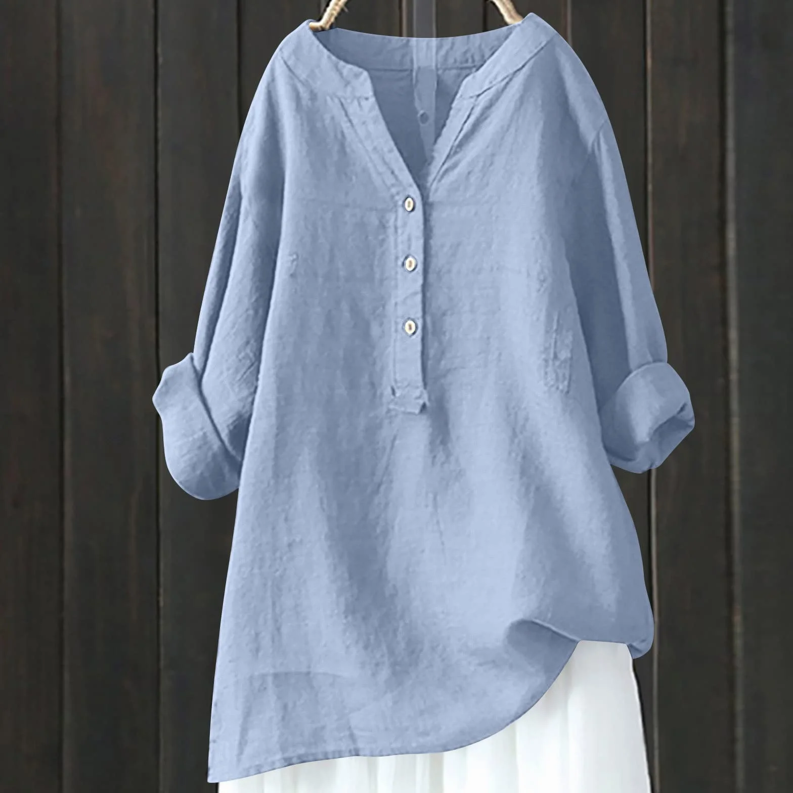 Camiseta Mujer Lino Algodón Manga Larga Cuello en V Color Sólido Talla Grande Transpirable Blusa 2025