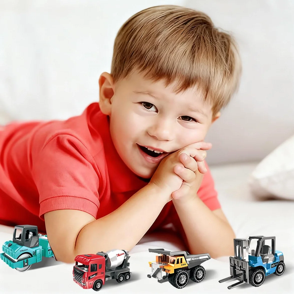 Camiones de Construcción Juguetes, 6PCS Camiones Juguetes, Mini Coches Vehículos de Construcción, Set de Vehículos Push and Go con Grúa, Excavadora, Educación Regalos