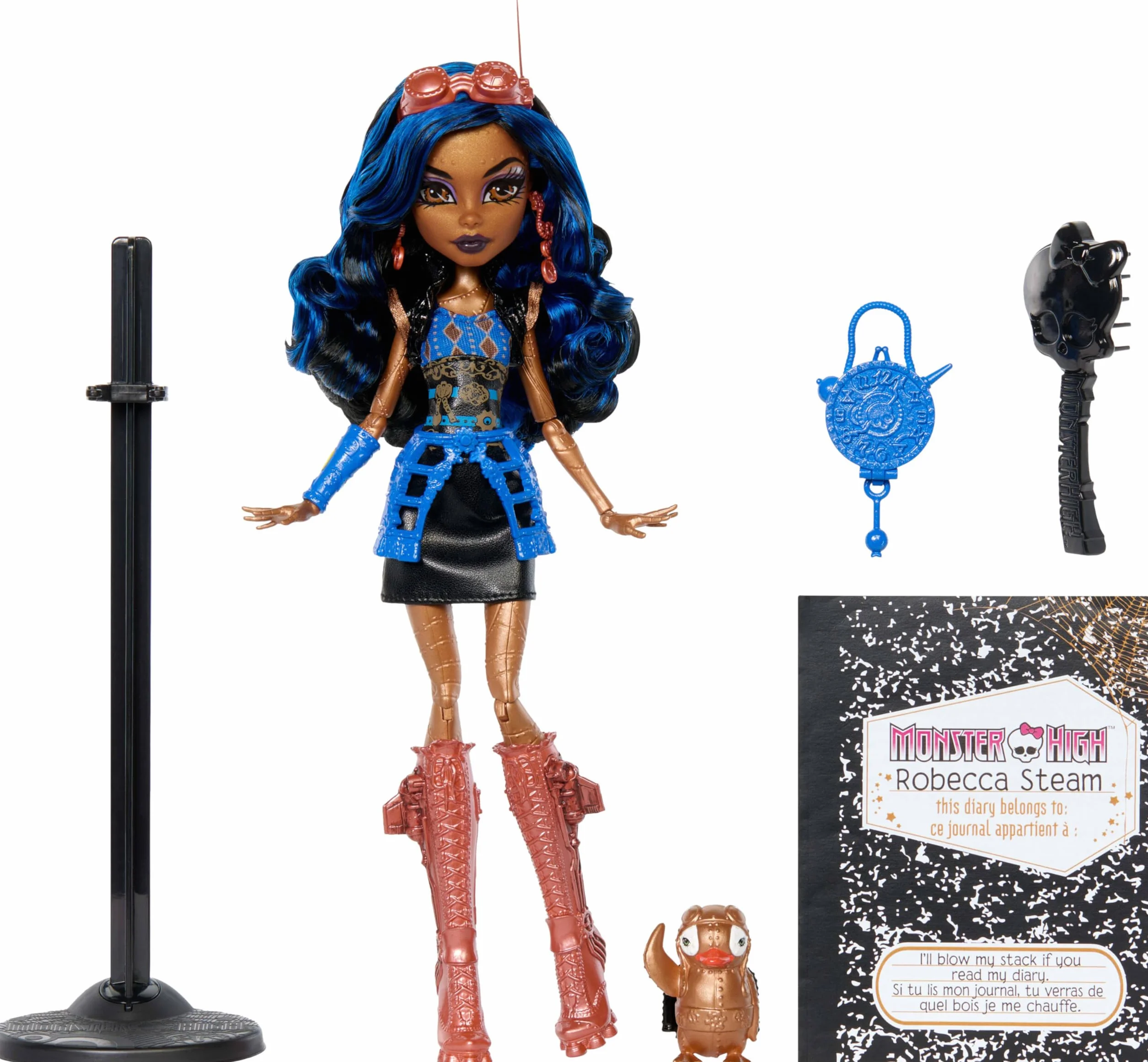 Monster High Boo-riginal Creeproduction Robecca Steam Muñeca, reproducción Coleccionable con peana, Diario y pingüino Mascota Captain Penny, JHK59