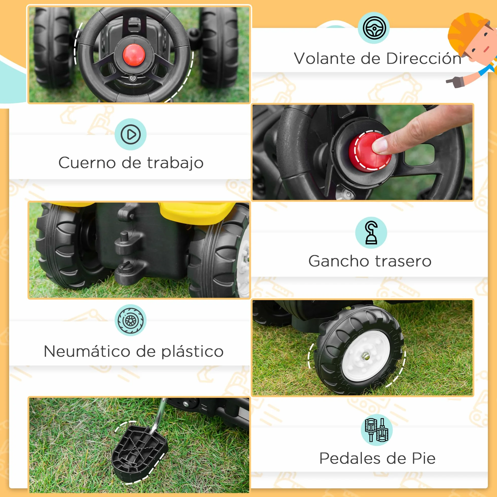 HOMCOM Tractor a Pedales para Niños de +3 Años Excavadora para Niños con Claxon y Pala Delantera Tractor Infantil para Exterior Carga 35kg 107x42x71 cm Amarillo