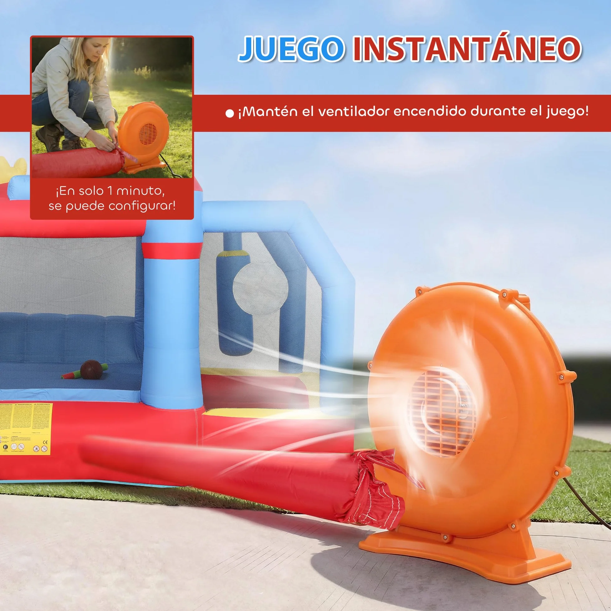 AIYAPLAY Castillo Hinchable para Niños con Soplador, Castillo Hinchable con Tobogán, Zona de Salto, Piscina, Pilar de Boxeo y Aro de Baloncesto, para Niños 3-8 Años, Interior, Exterior, 277x270x215 cm