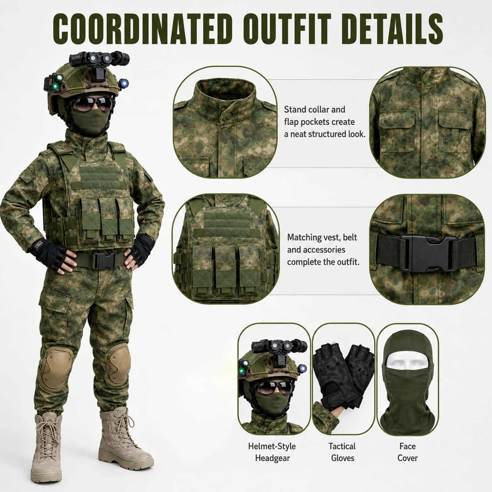 Disfraz Infantil 8 Piezas Con Casco Modular Y Accesorio De Cuatro Lentes | Camiseta Larga Pantalón Cinturón Guantes Pasamontañas Gafas En 65% Poliéster 35% Algodón
