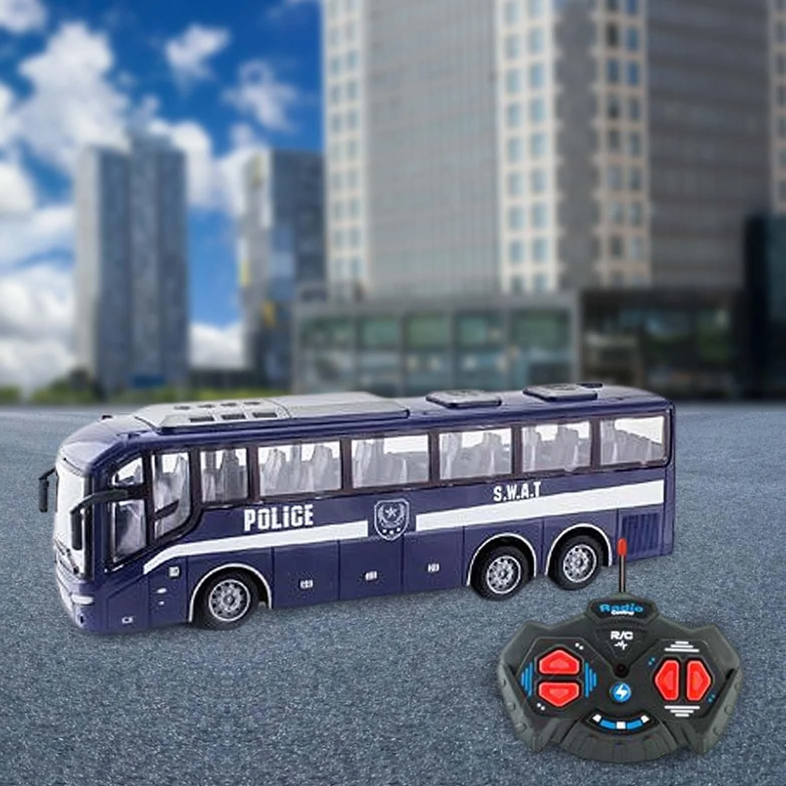 Autobús Escolar Coche de Juguete RC Modelo a Control Remoto con Luces y Ruedas Antideslizantes Trabajo Preciso y Mando Completo Adecuado para Niños, Azul