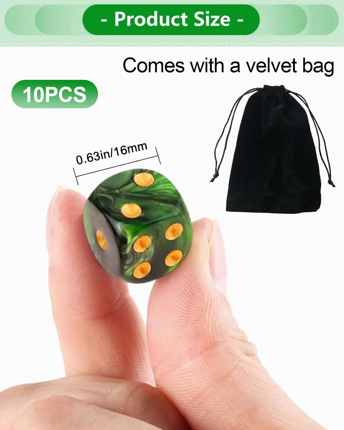 10 PCS Dados,16mm D6 Dado Acrílicos,Dados Verde-Negro con Bolsa de Tela,para Juegos de Mesa,Rol,Mesa,Lecciones de Matemáticas