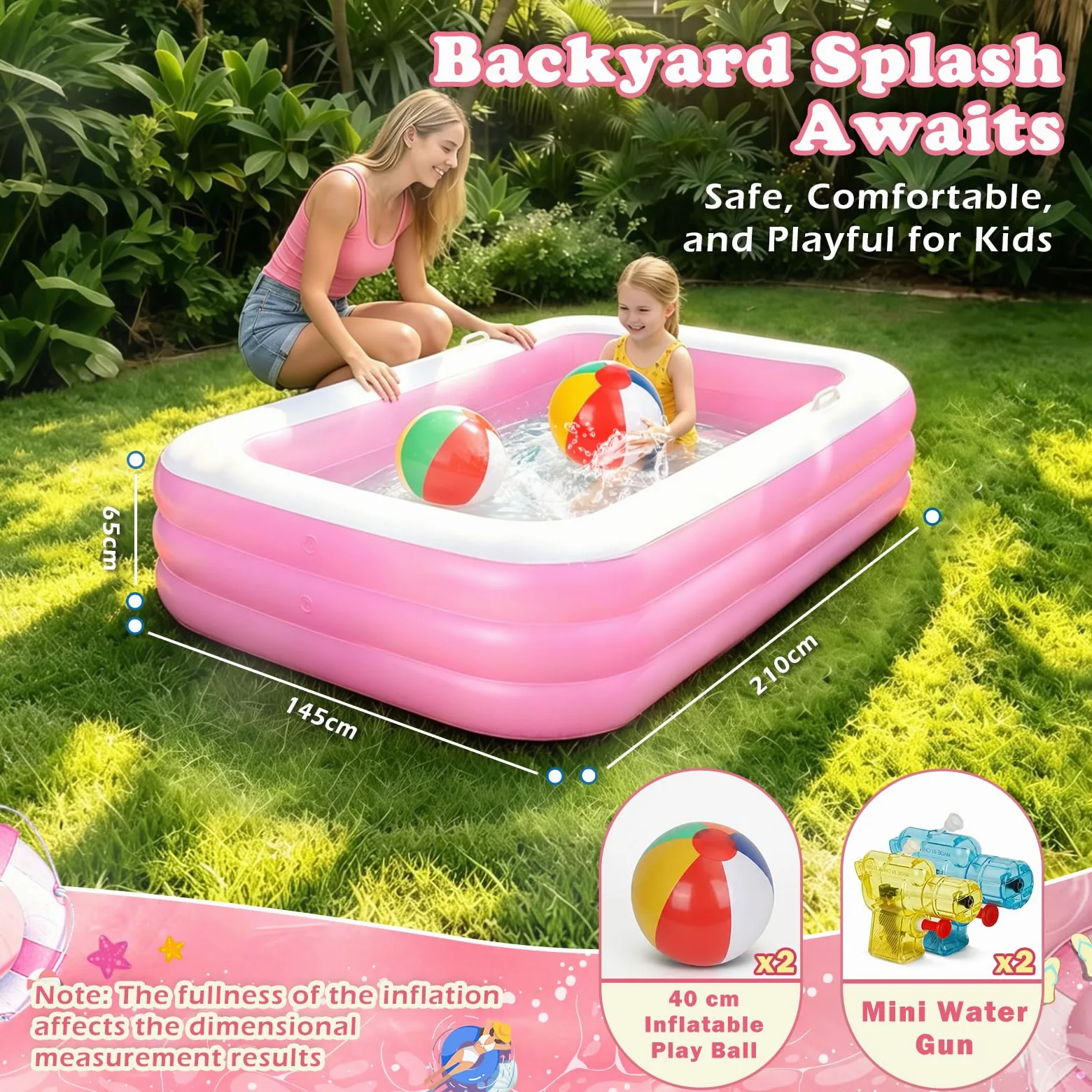 Piscina Hinchable Niños, Piscina Infantil Rectangular con 2 Pelotas de Playa y 2 Mini Pistolas de Agua, Piscine de Verano para Jardín, Exterior y Fiestas de Verano (Rosa)