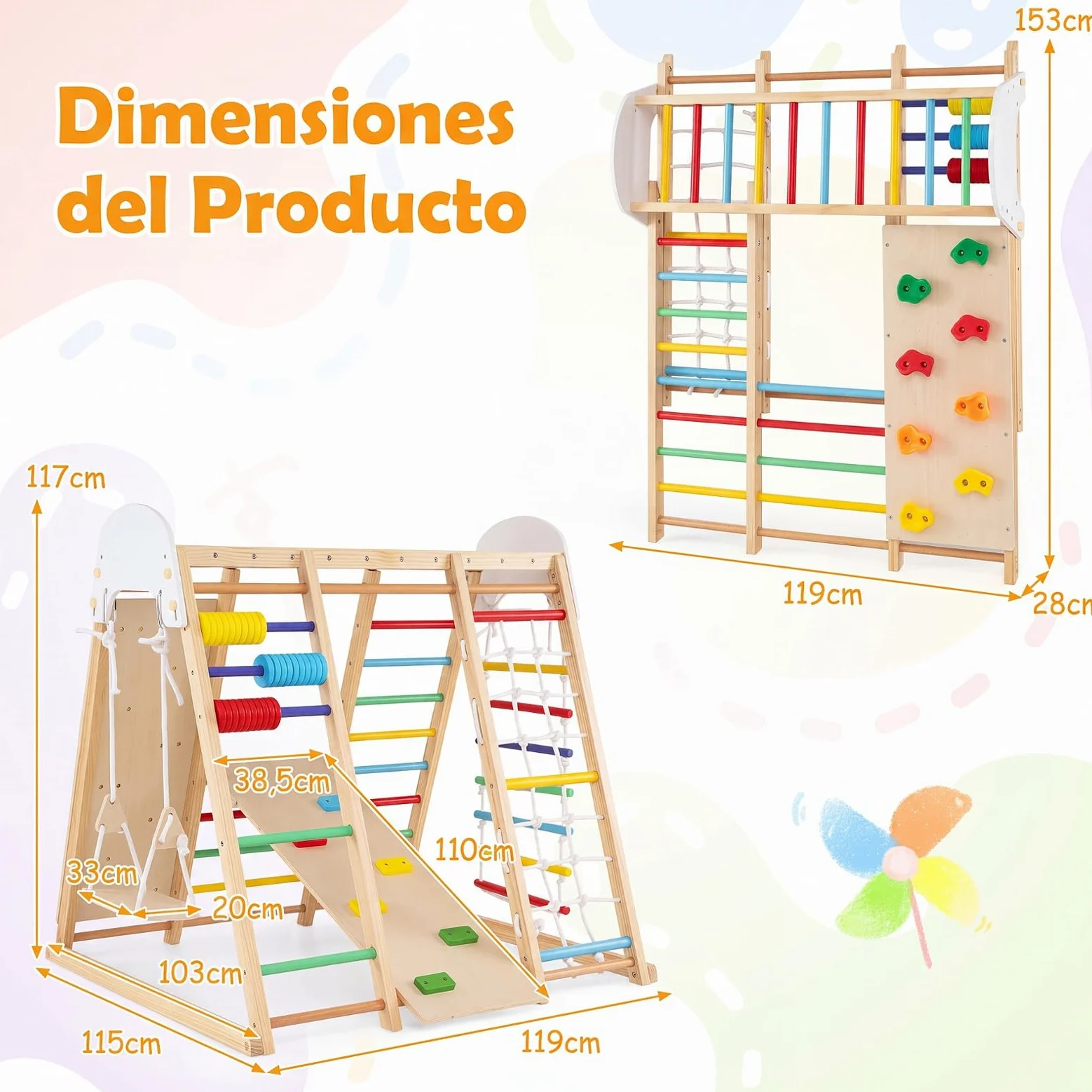 COSTWAY 8 en 1 Estructura de Escalada para Niños,Madera Maciza (Multicolor) | Juego de Escalada Montessori con Pared de Escalada, Barras de Mono y Columpio para Habitación Infantil Sala de Juego