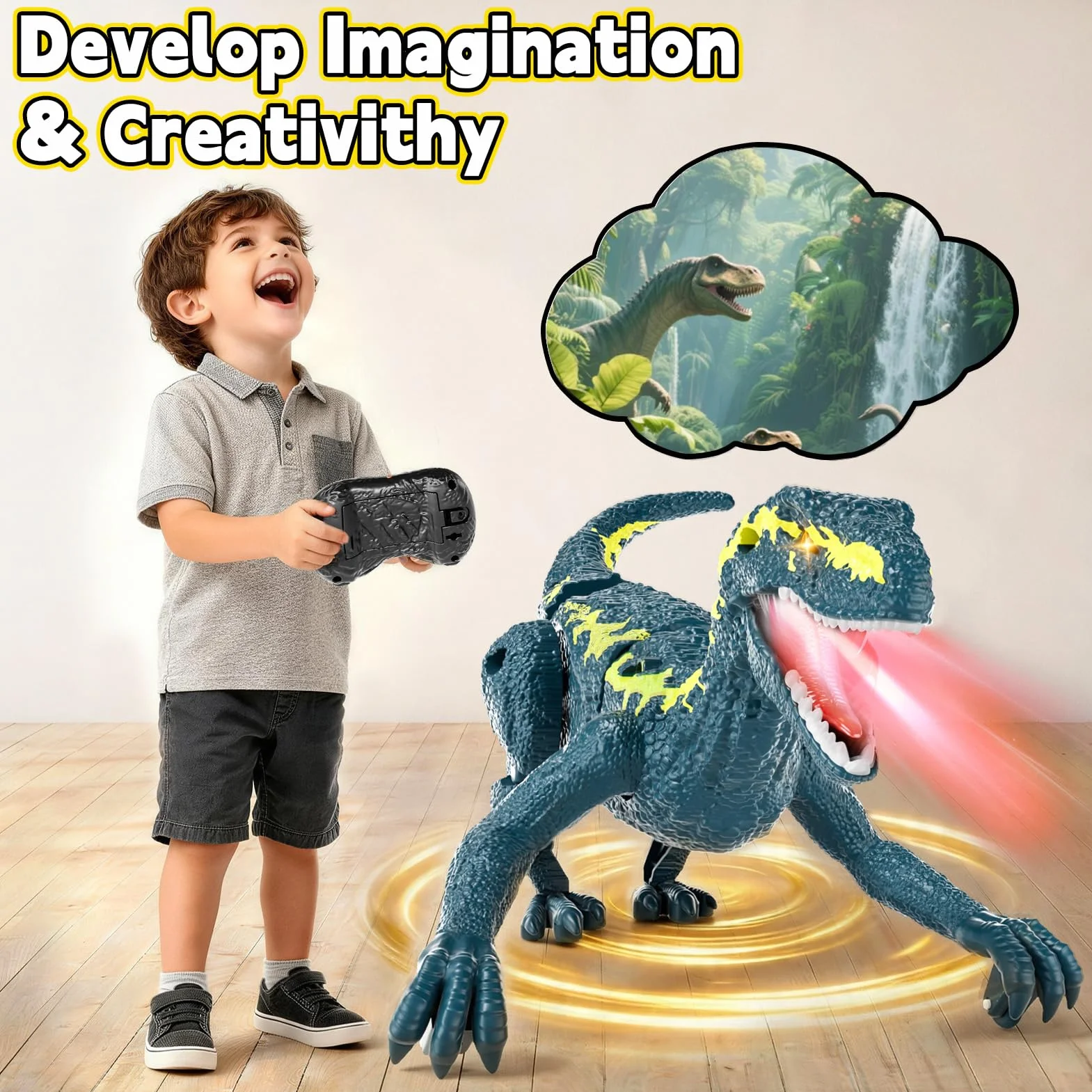 Dinosaurio Teledirigido para Niños 3+, RC Dinosaurio Caminante Recargable 2,4 GHz con Ojos 3D y 3 Sonidos, Juguete Animal Prehistórico Interactivo para Niños y Niñas 3+ (Azul)