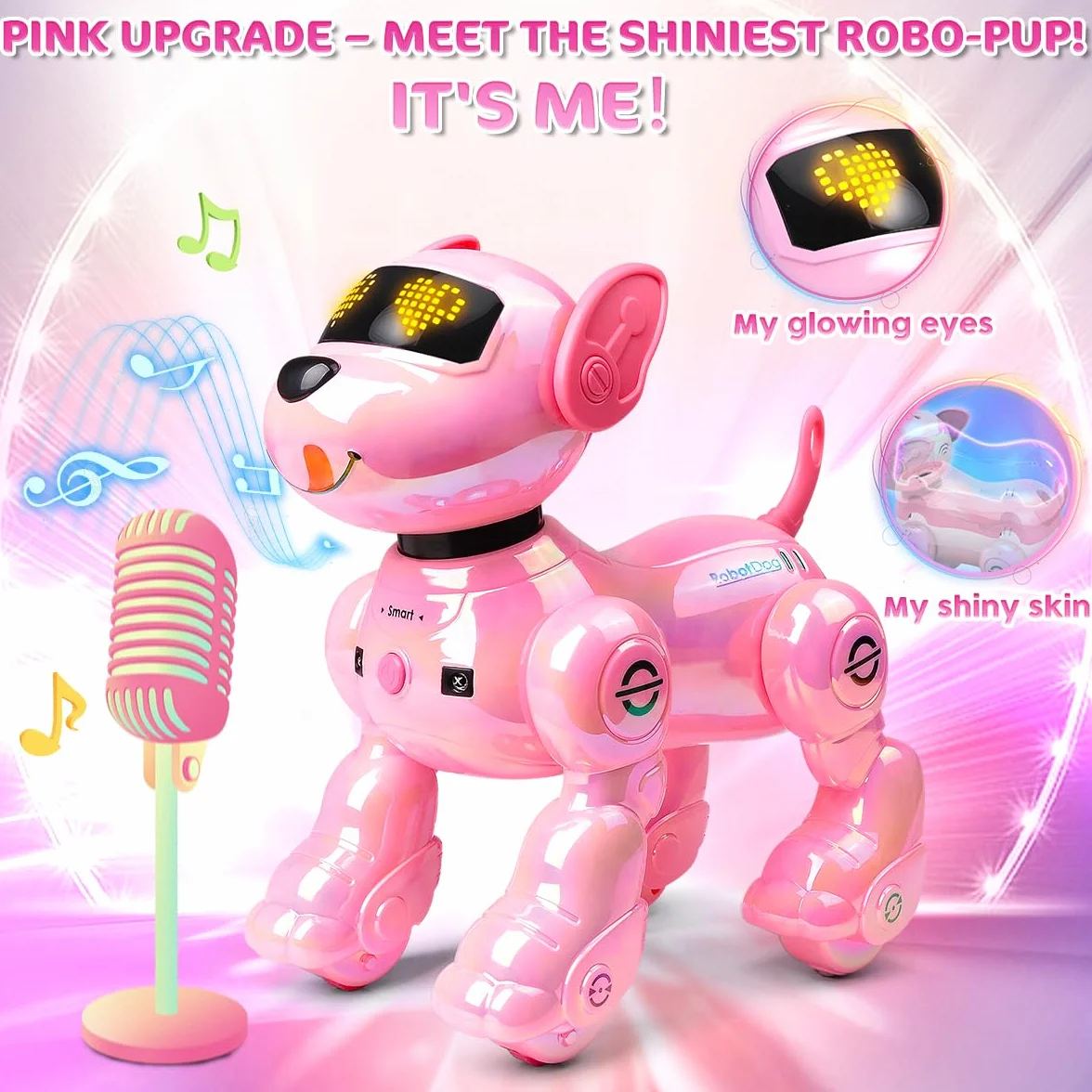VATOS Perro Robot Recargable para Niños, Perro Robot con Control Remoto, Programable,17 Funciones Interactivas y Volumen Ajustable; Juguete de Cachorro Robot Que Canta y Baila, Regalo para Niñas,Rosa