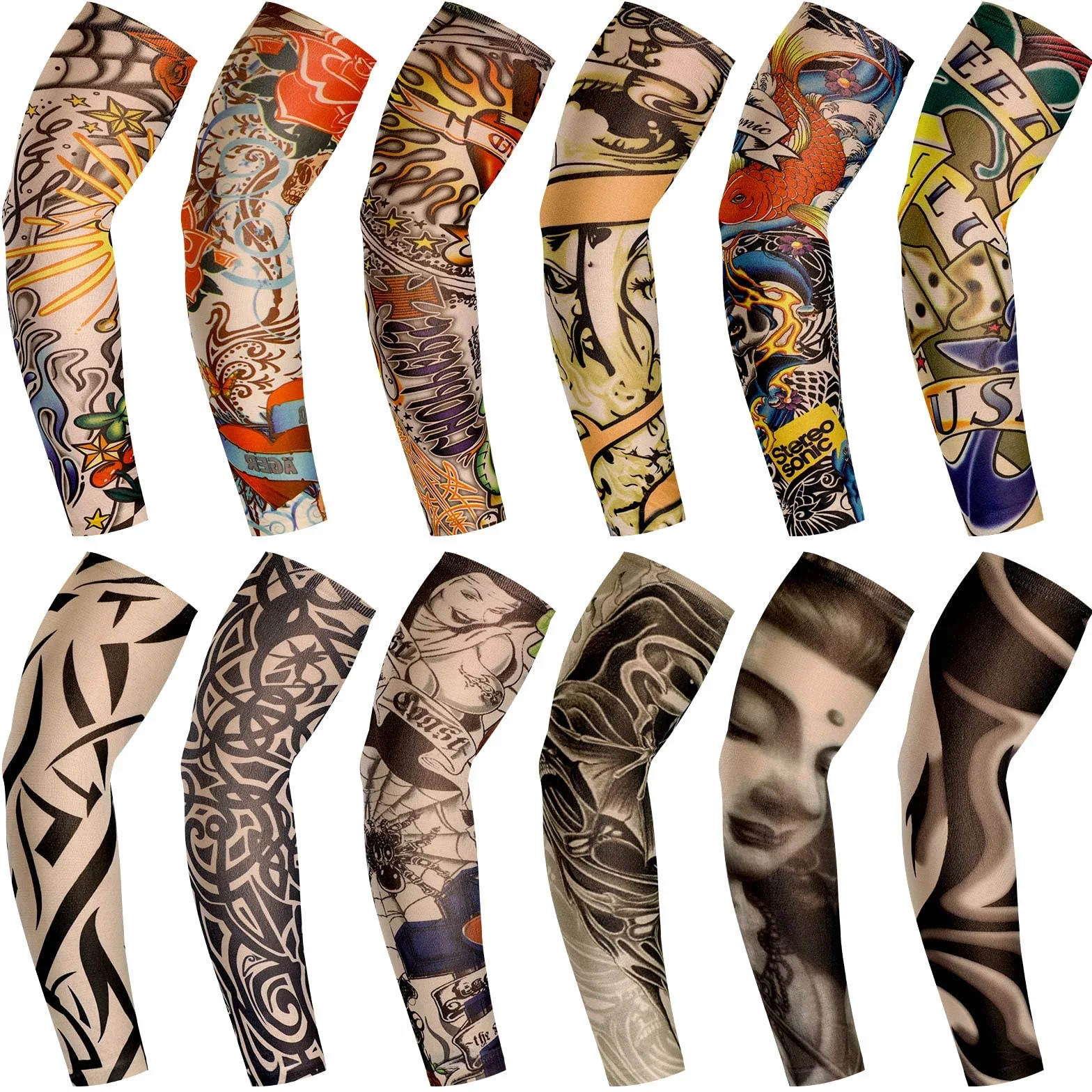 BBTO Set de Mangas de Tatuaje de 12 Piezas Mangas de Brazo de Protección Solar Falsas Guantes de Brazo Elásticos Suaves para Ciclismo