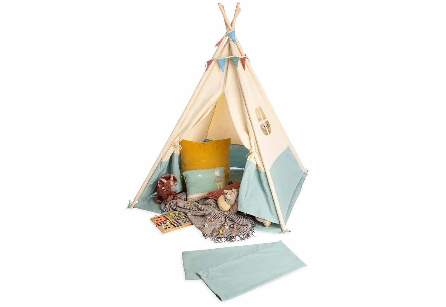 Pinolino Tipi Yuma - Tienda de campaña de Tela y Madera con Ventana, Alfombra de Suelo y Bolsa de Almacenamiento, para niños a Partir de 3 años, Tela con Tonos Pastel y banderines