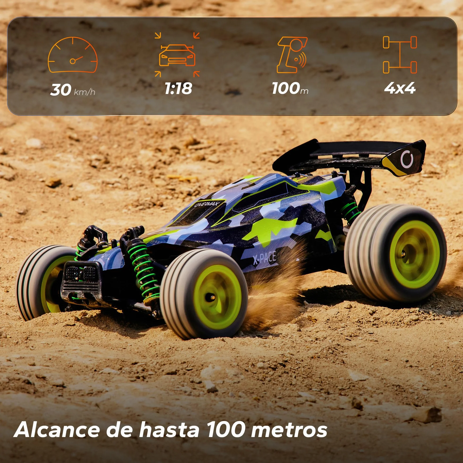 Overmax X-Pace RC Plane 4x4 Speed Tracción 45kmh Alcance 100 Metros Suspensión de Resorte Independiente Luces LED Big Car Conducir sin Cargar: 30 Minutos