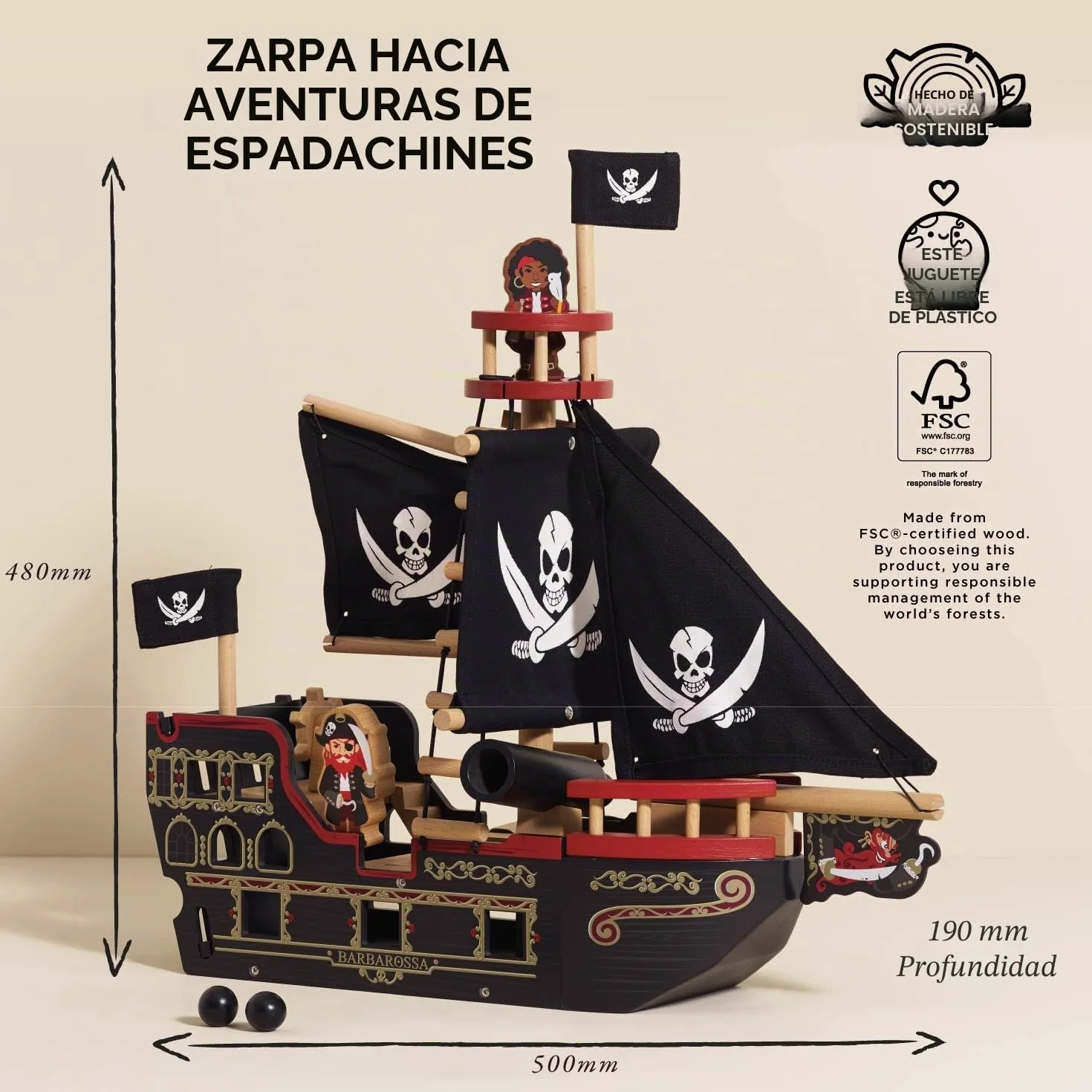 Le Toy Van - TV246 - Juego de Madera Galeón Pirata 3 años, Barco Pirata de Barbarroja, 2 Piratas incluidos, Brilla en la Oscuridad, 48 x 24 x 49 cm, Juegos ecológicos Montessori