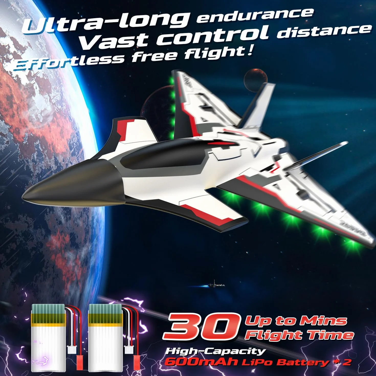 DEERC Avion RC Future a Control Remoto de 4 Canales con Luces LED, fácil Volar, avión acrobático, estabilizador giroscópico de 6 Ejes 2.4GHz, avión Planeador RTF para Adultos, niños y Principiantes.