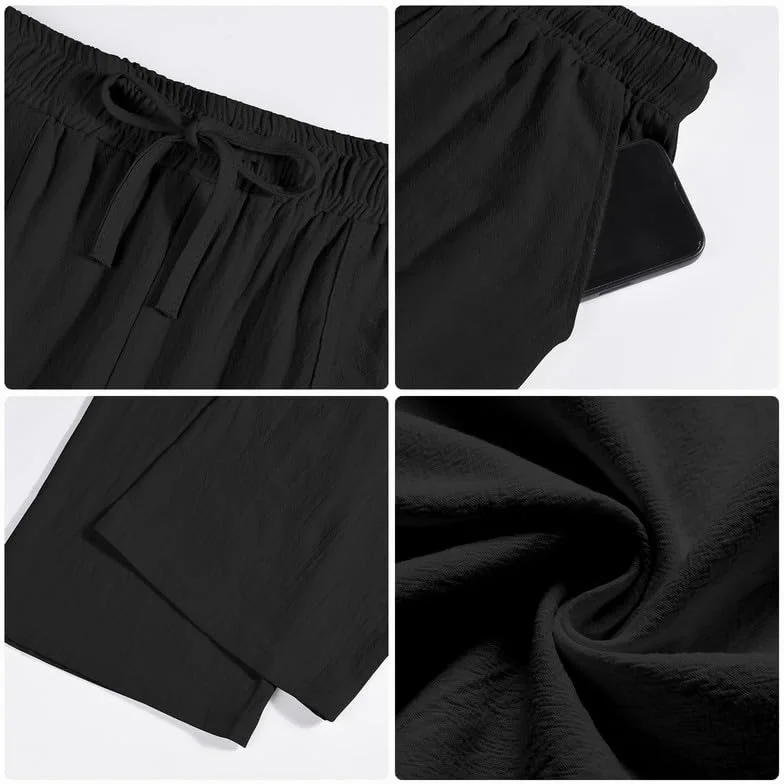 Pantalones de Lino para Hombre Casuales de Verano con Bolsillos Color Sólido Holgados con Cordón