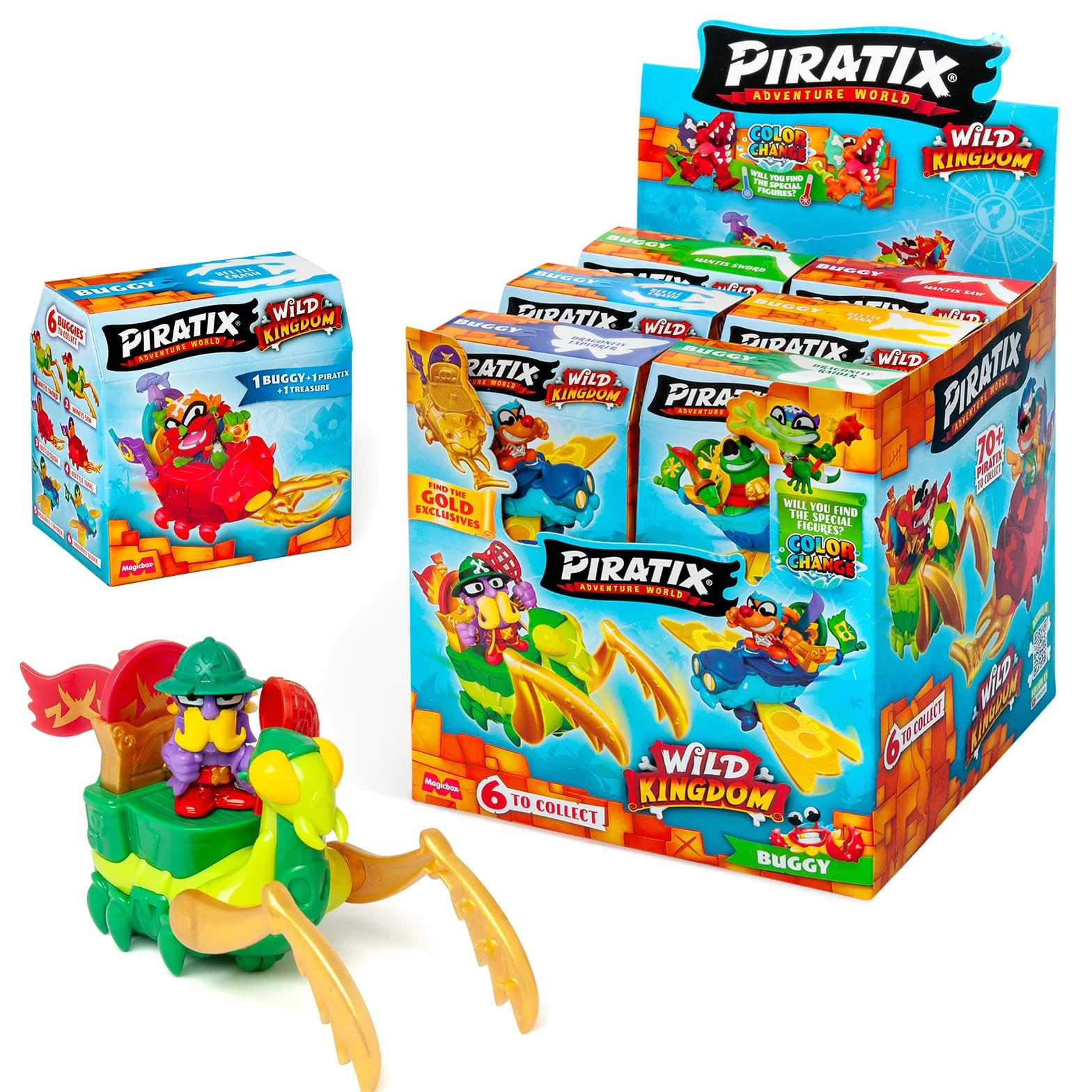 PIRATIX Adventure World Serie Wild Kingdom – Display con 12 Buggies. Cada Caja Tiene 1 Buggy Sorpresa, 1 Piratix, 1 Accesorio, 1 Bandera y 1 Tesoro Exclusivo Que cambian de Color