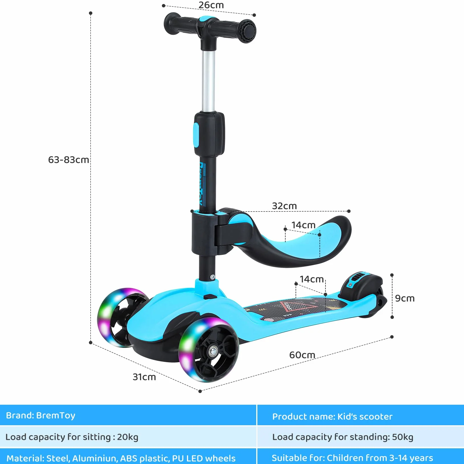 BremToy Patinete para Niños de 1 a 12 Años, Ajuste de Altura Infinito, Patinete con Asiento Extraíble, 3 Ruedas Brillantes LED, Carga Máxima 50KG, Regalos para Niños