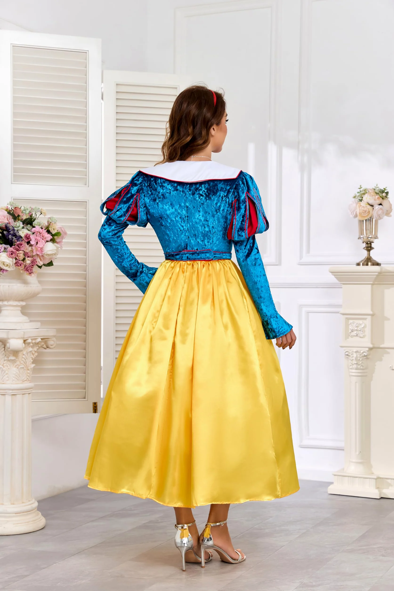 Disfraz de cuento de hadas para mujer, disfraz de Blancanieves con lazo rojo, diadema, capa, Halloween, carnaval, princesa