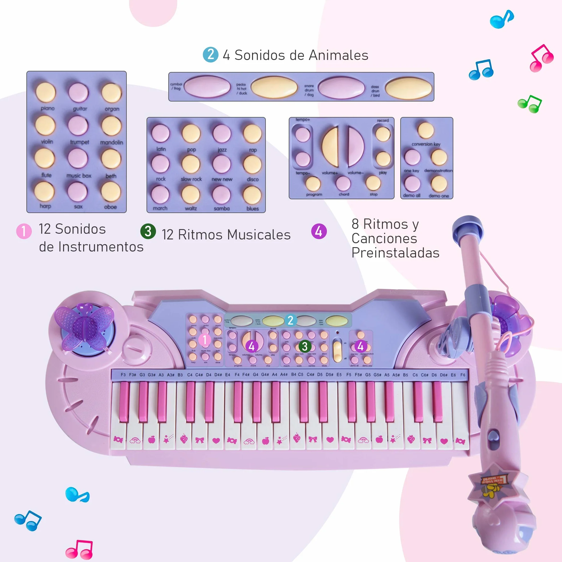 HOMCOM Piano Infantil 37 Teclas Teclado Electrónico Juego de Piano Regalo Juguete Educativo para Niños +3 Años con Micrófono Taburete Luces y 22 Canciones USB/MP3 Karaoke Rosa