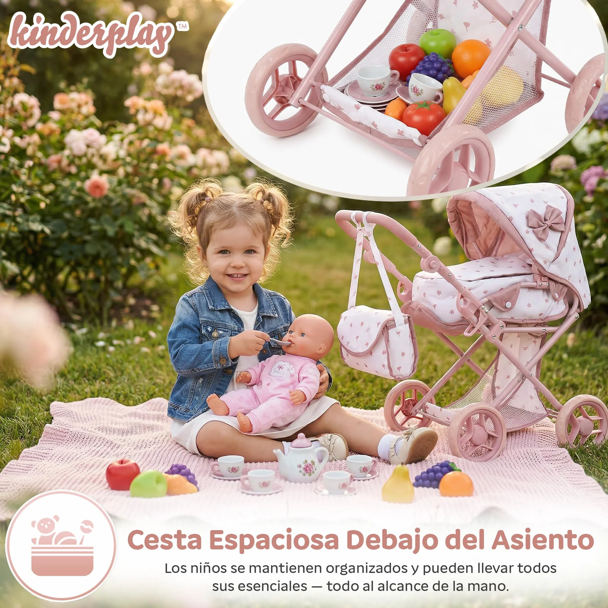 Kinderplay Cochecito de muñecas 3 en 1 Rosa con Bolsa de Transporte – Cochecito de muñeca Ajustable de 36,5 – 64 cm, Plegable, Ruedas de Espuma silenciosas, para muñecas de hasta 40 cm, a Partir de 3