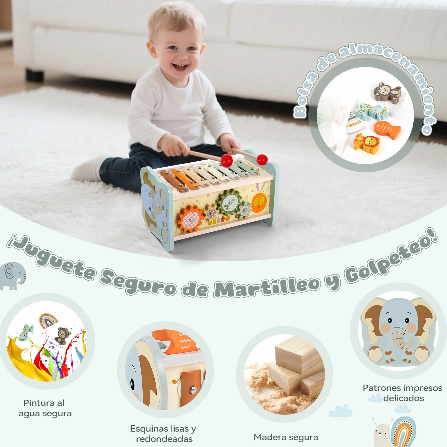Juguetes Montessori 1 Años, 6 en 1 Juguetes Niños 1 Año, Juguetes Madera con Martillo, Xilofono Bebe, Juego de Pesca, Juegos Sensoriales Educativos Regalo Niño Niña 1 2 3 Años Cumpleaños Navidad