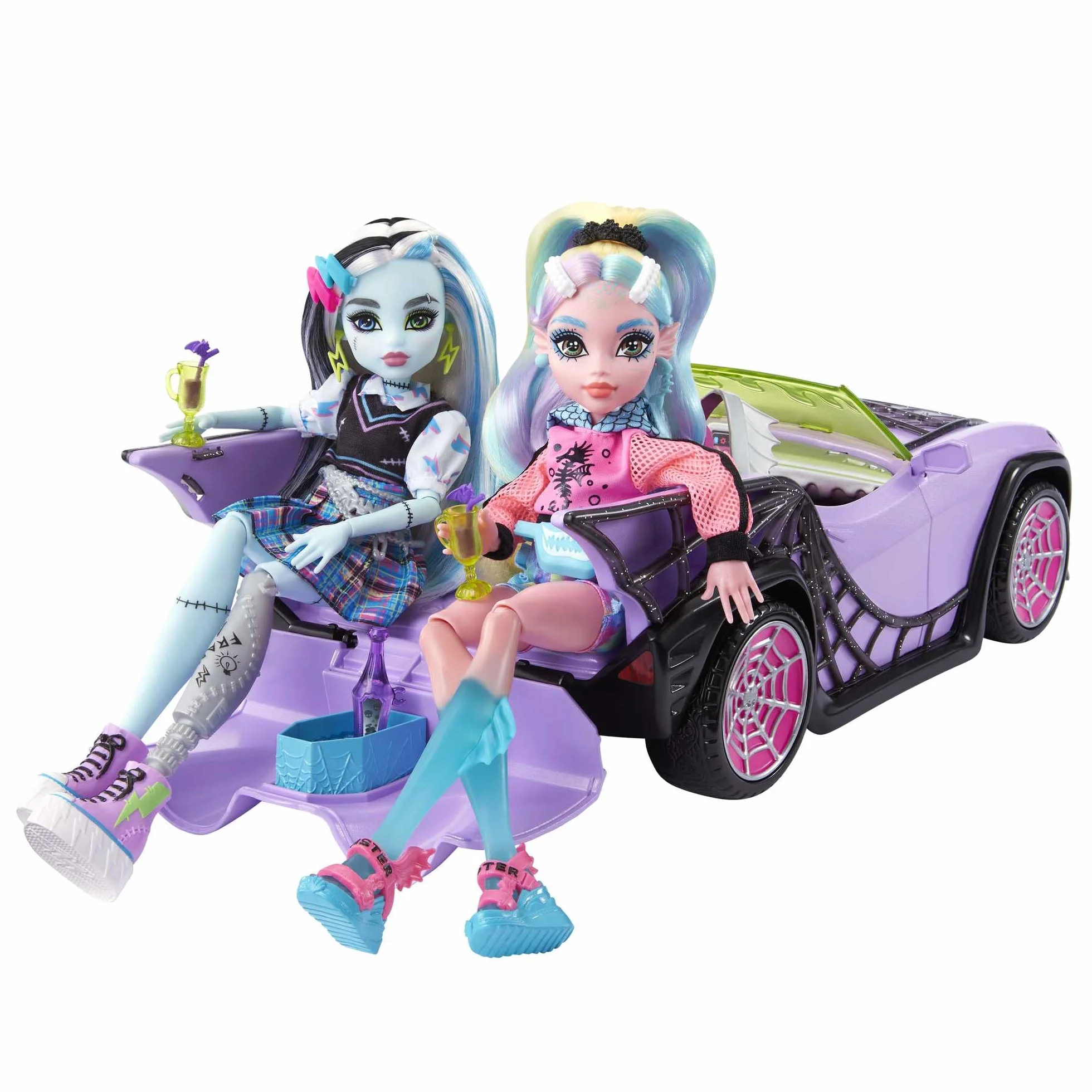 Monster High Coche de juguete, móvil Ghoul con accesorios para mascotas y refrigeradores, convertible morado con detalles de telaraña, HHK63