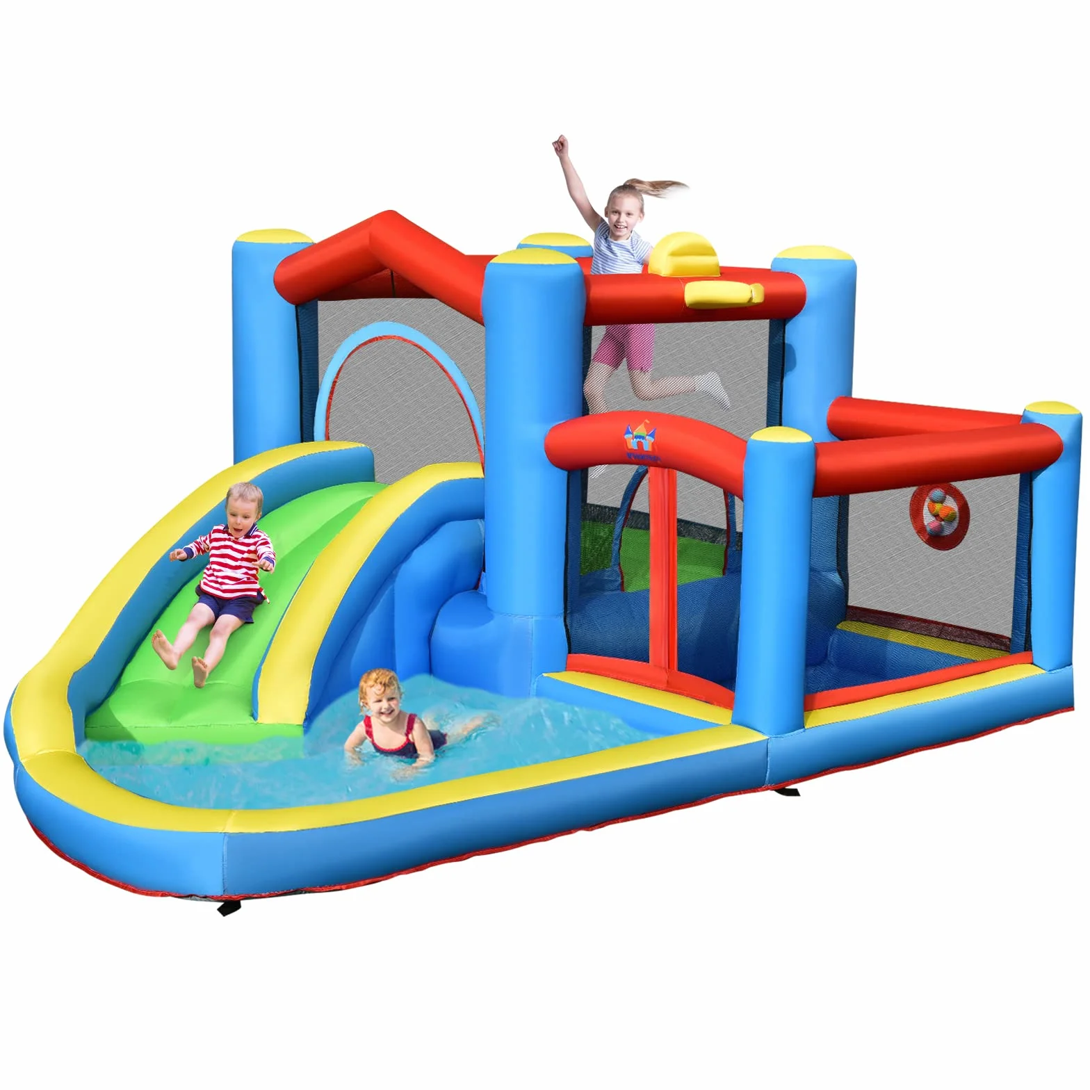COSTWAY Tobogán Acuático Inflable, Castillo Inflable con Tobogán Mojado Seco para Interior y Exterior, Parque Acuático Portátil para Patio con Pelotas, Pelota de Baloncesto Inflable sin Compresor