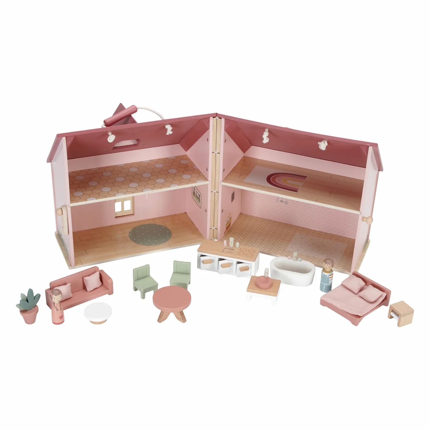 Little Dutch Casa de muñecas de madera portátil y plegable con muchos accesorios y figuras de juego, muebles rosa