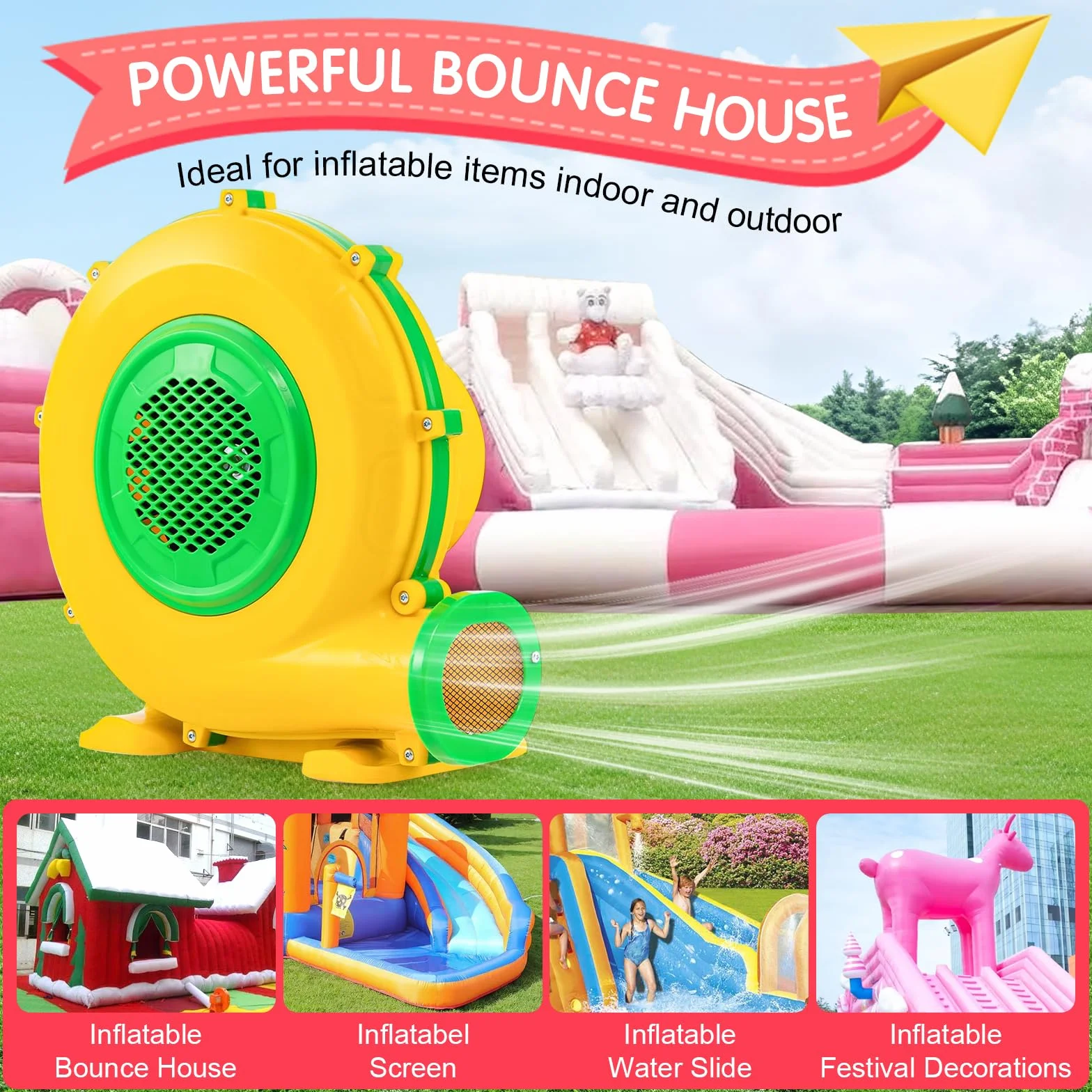 750W Soplador Eléctrico y Bomba de Aire con Mango y Estacas, Ventilador de Extracción Comercial para Castillo Hinchable, Castillo Inflable, Tobogán de Agua