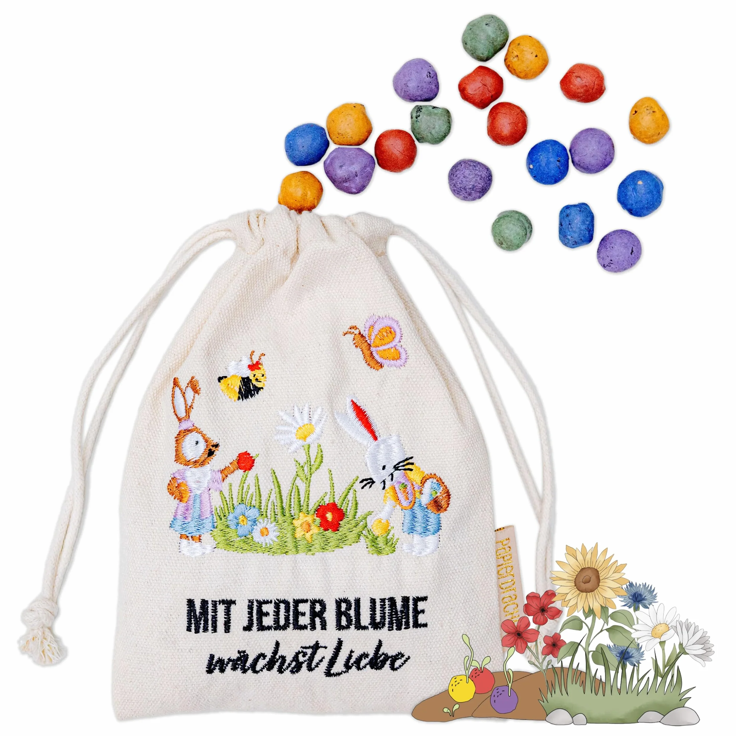 Papierdrachen 20 bolas de flores con saquito de conejo de Pascua – Semillas de flores – Pascua – Bordado colorido – Abejas – Regalo sostenible