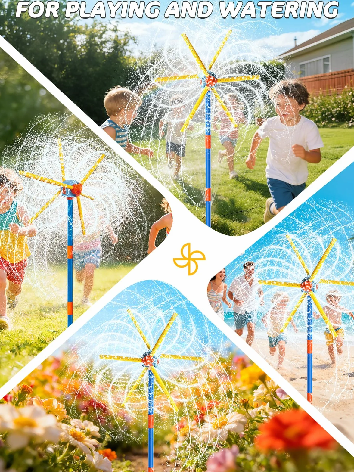 VATOS Aspersor de Molino 59 Pulgadas, Juguete de Exterior para Niños – Doble Cara con 6 Aspas & 54 Boquillas, Giro 360° – Juego de Agua para Niños, Mascotas y Riego del Césped