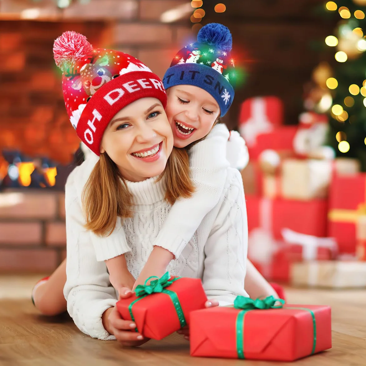 Sombrero de Navidad de punto LED, 2 piezas de gorro de Navidad Gorro de invierno, nieve, vacaciones, para niños, hombres, mujeres, niños, niñas, festival de Navidad, fiesta de cumpleaños