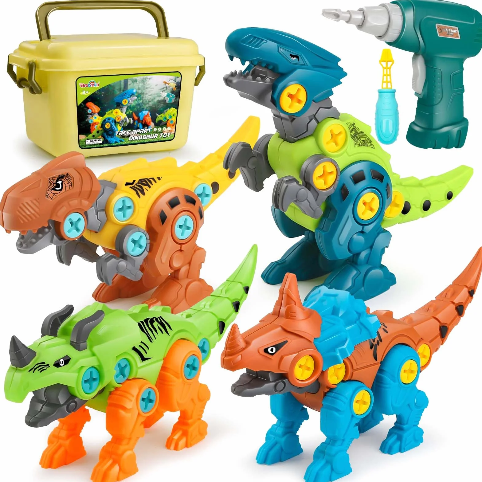 Dreamon Dinosaurios Juguetes para Niños 3 4 5 6 7 Años con Caja de Almacenamiento Taladro Eléctrico Construccion Juguete Dducativos Regalos para Niños Niñas