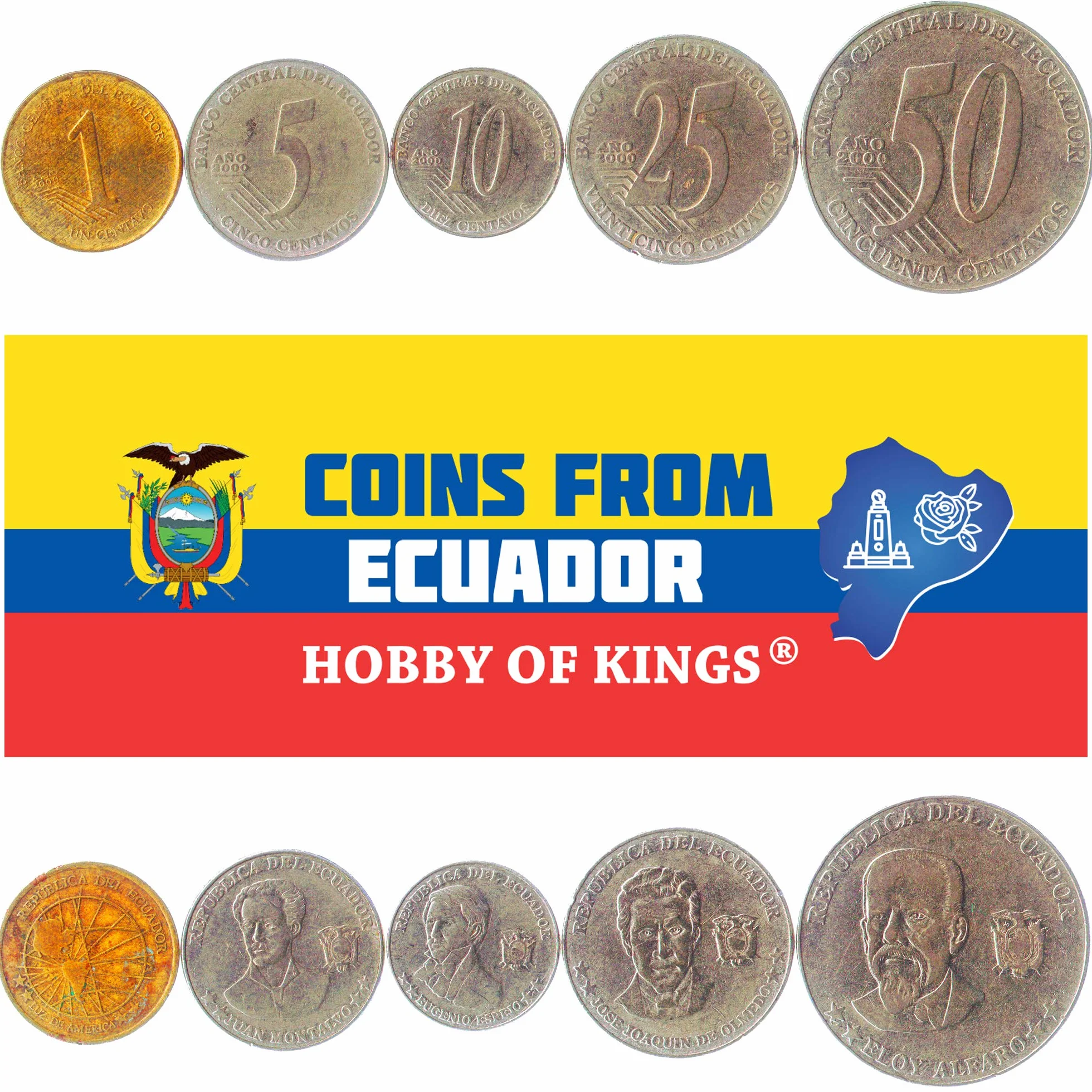 Set de 5 Monedas de Ecuador: 1, 5, 10, 25, 50 Centavos. 2000-2003