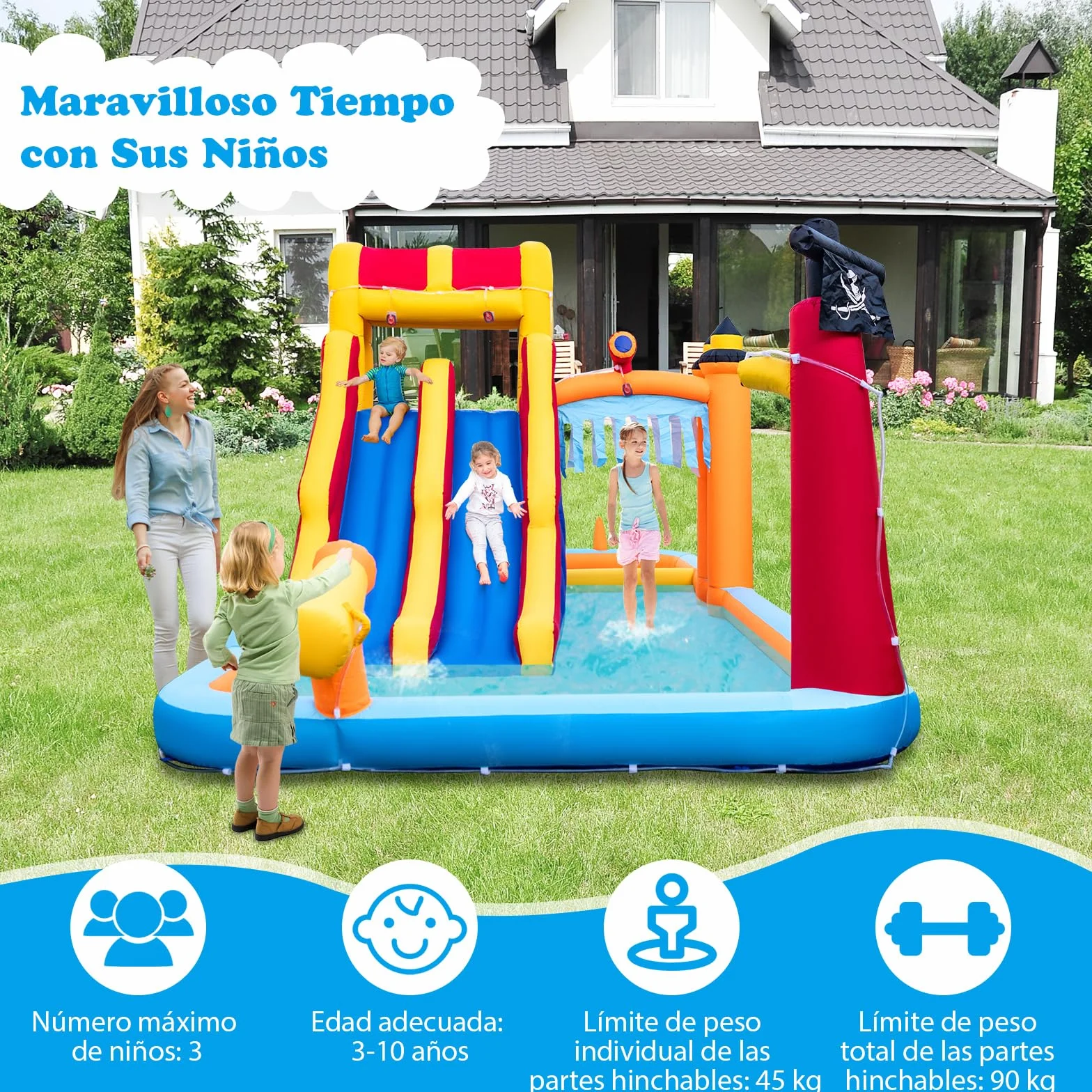 COSTWAY Castillo Hinchable Acuatico, 4 en 1 Castillo Hinchable para Niños 3-10 Años con 3 Niños, 693 x 295 x 263 cm, Seco y Agua, Insuflavel Crianças Interior Exterior