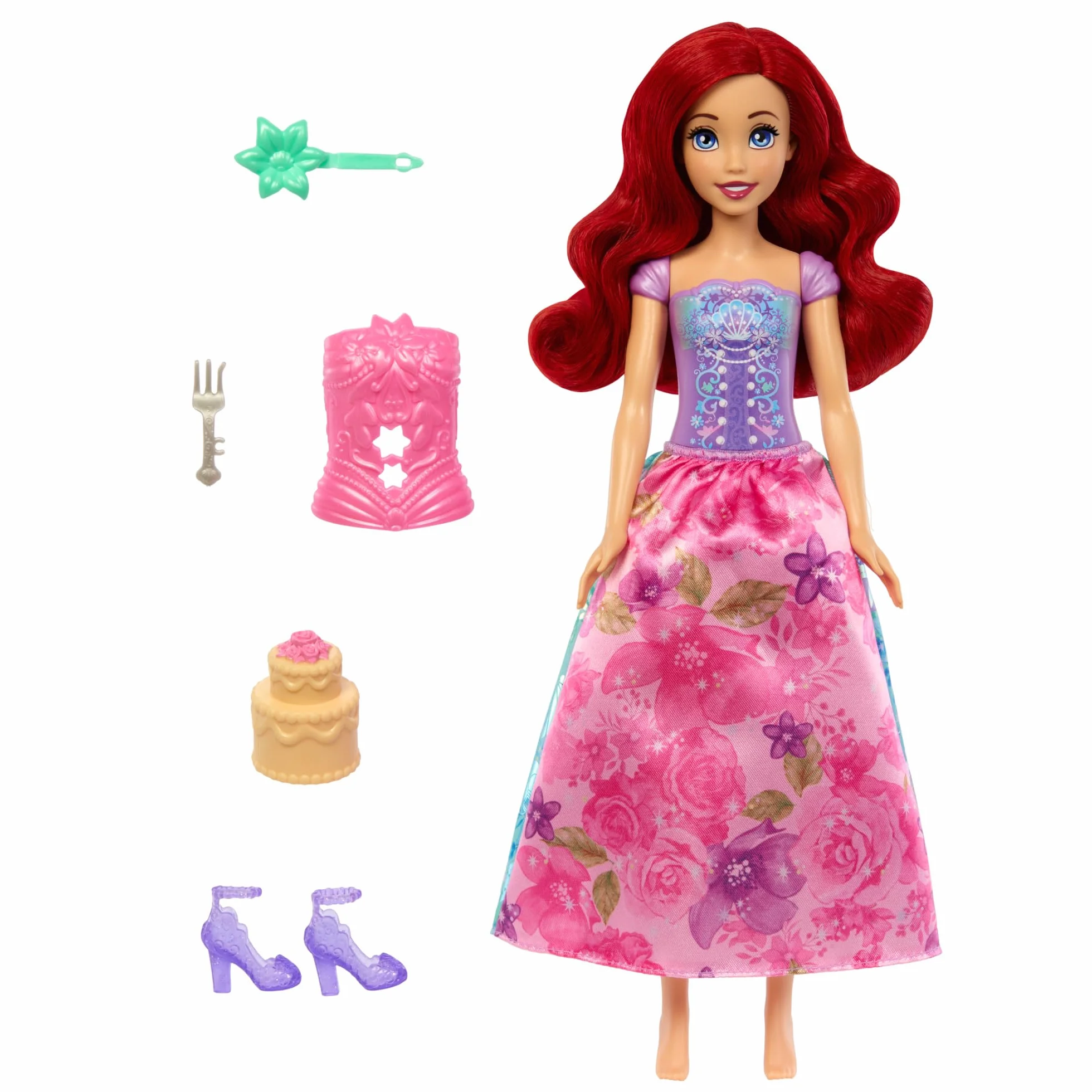Mattel Disney Princess Spin & Reveal Ariel, Muñeca princesa con falda de flores, incluye 11 sorpresas como 5 accesorios y 5 pegatinas, juguete regalo para niños y niñas +3 años, HTV88