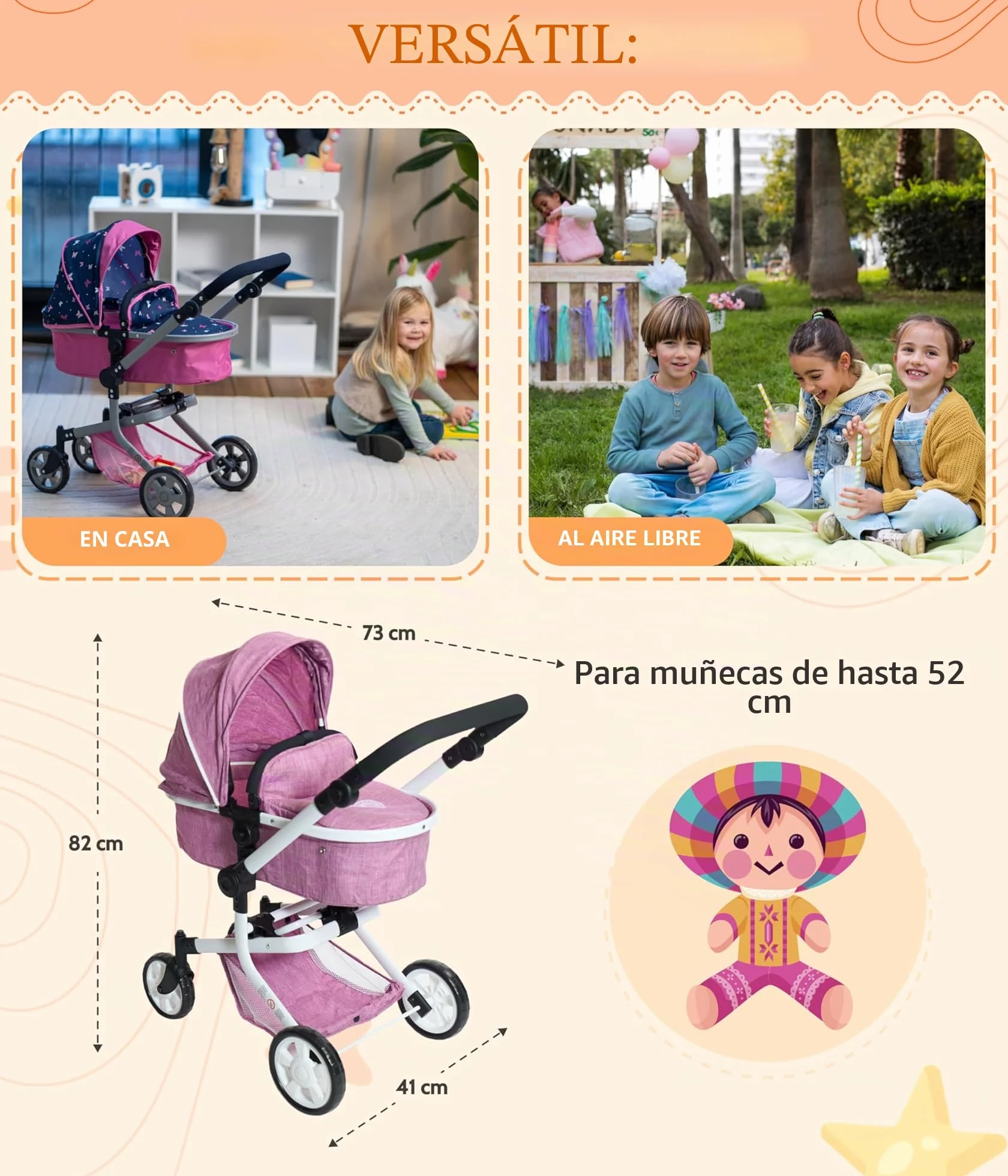 Bayer Chic 2000 Cochecito para muñecas Mika 2 en 1 Rosa Vaquero Plegable Mango Ajustable 47-80 cm