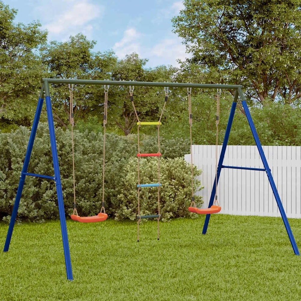 Juego de 2 columpios y escalera de tejer, estructura de acero lacado, 273,5 x 185 x 185 cm, juguete de jardín para niños, zona de juegos en el jardín, promueve la motricidad y el movimiento