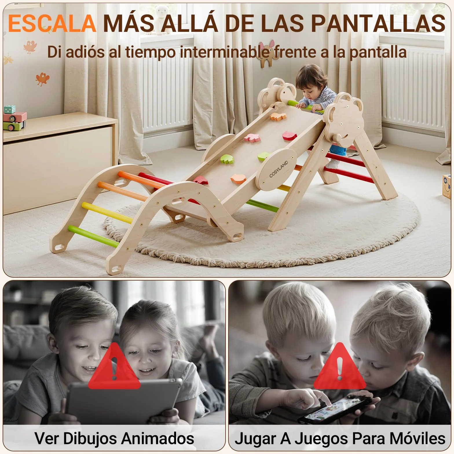 COSYLAND Triángulo de Escalada Montessori 8 en 1 con Arco y Rampa, Juguete de Madera para Niños 18 Meses-6 años
