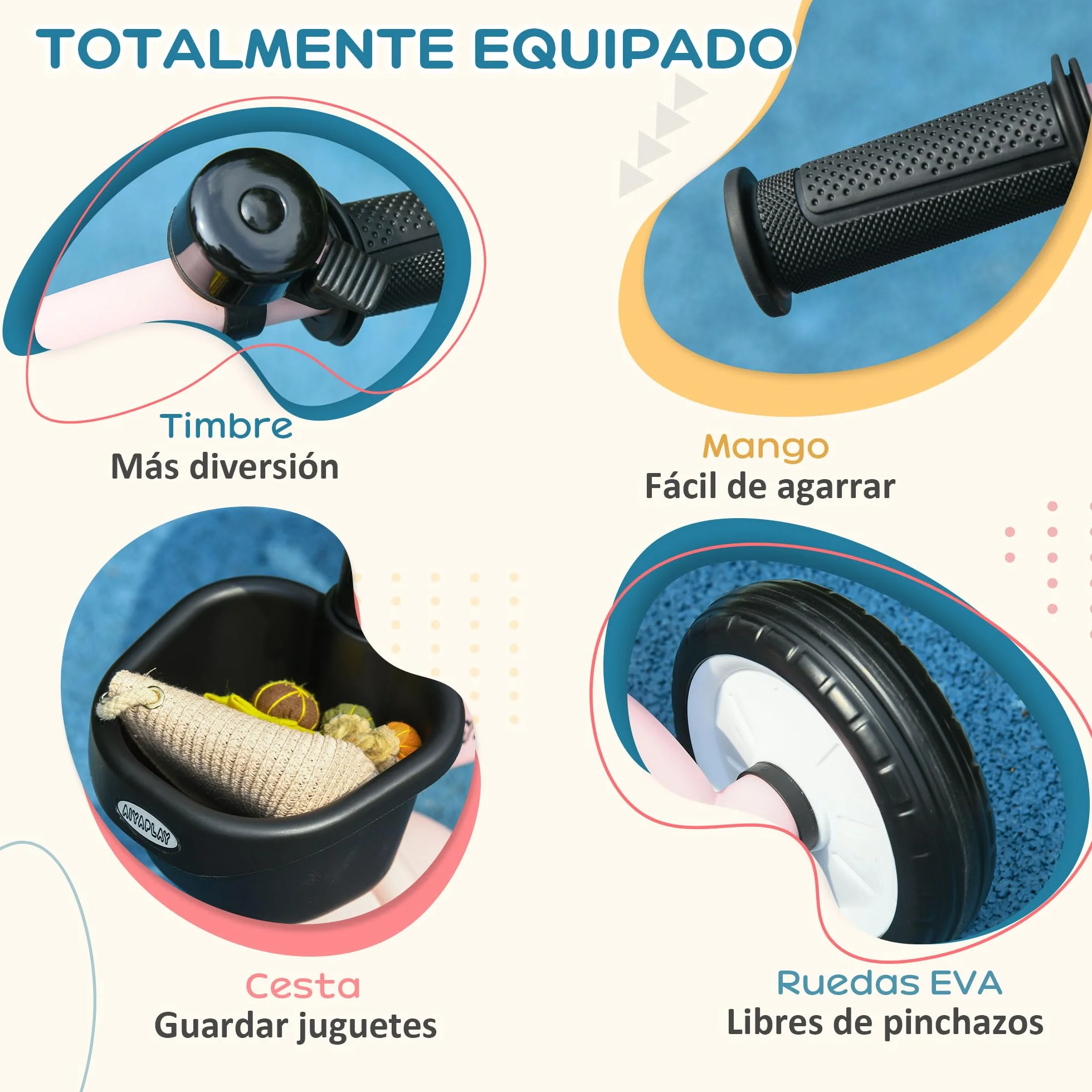 AIYAPLAY Triciclo para Niños de 2 a 5 Años Bicicleta Infantil con Asiento Ajustable Cesta Timbre Pedales y 3 Ruedas Carga 25 kg 70,5x53x58 cm Rosa