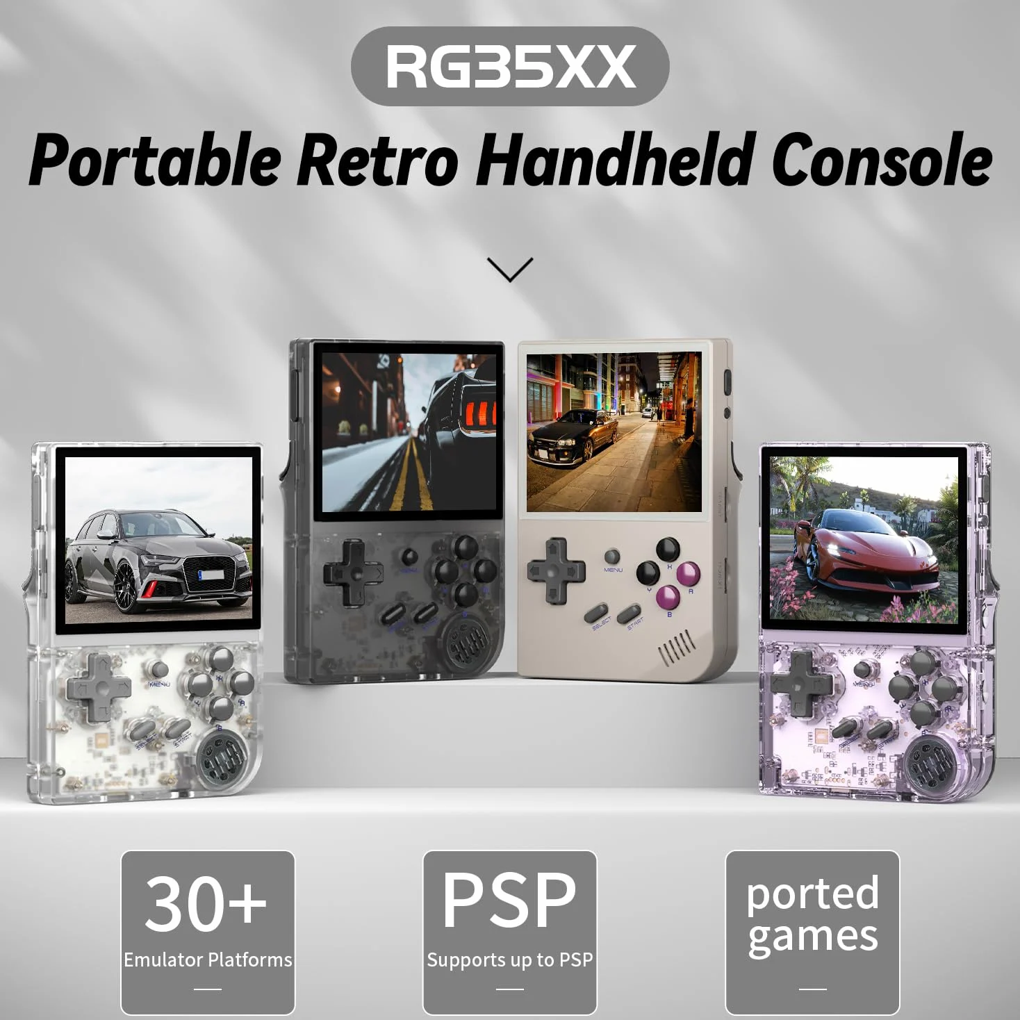 RG35XX - Consola de juegos de mano retro, pantalla IPS de 3.5 pulgadas, sistema Linux integrado, tarjeta TF de 64 G, más de 5000 juegos (morado transparente)