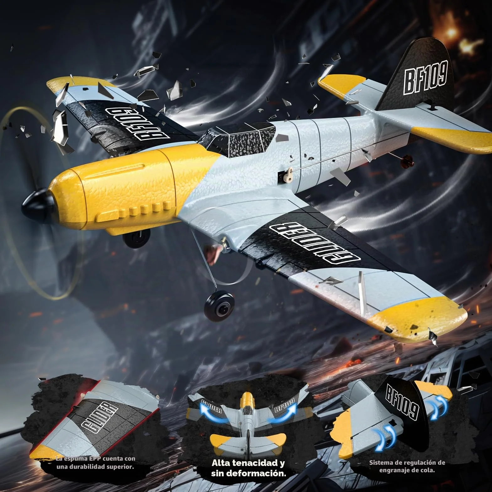 DEERC Avión RC de 3 Canales BF-109 RC Fighter Toy, 2,4 GHz, estabilizador giroscópico de 6 Ejes, Planeador RTF con 2 baterías, Adecuado para Adultos, niños, Principiantes para Volar…