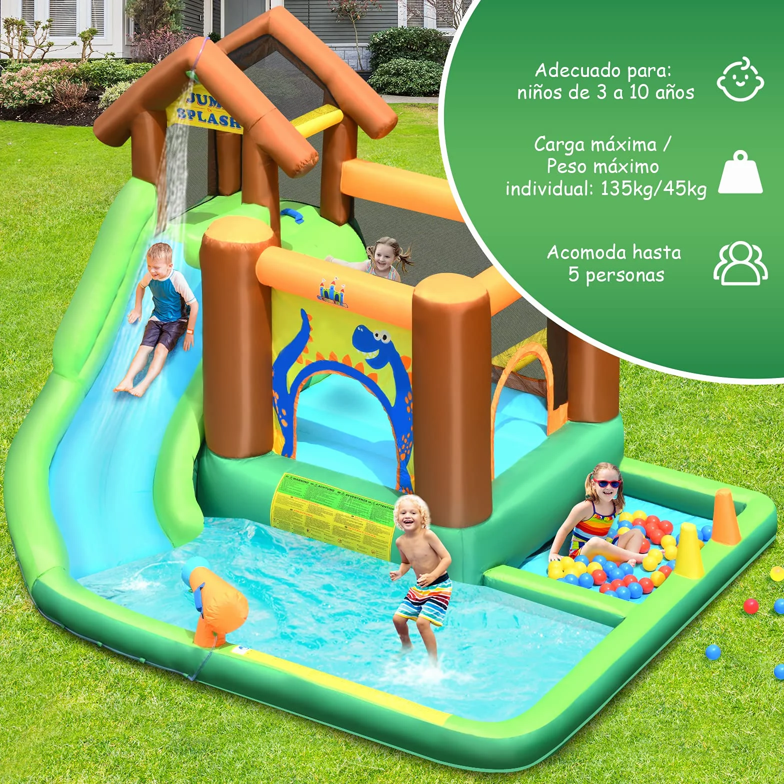 COSTWAY Parque Acuático Inflable con Tobogán, Tobogán Inflable en Tejido Oxford con Piscina Pared para Escalar Hidrante de Agua Casita Piscina con Pelotas, con Compresor