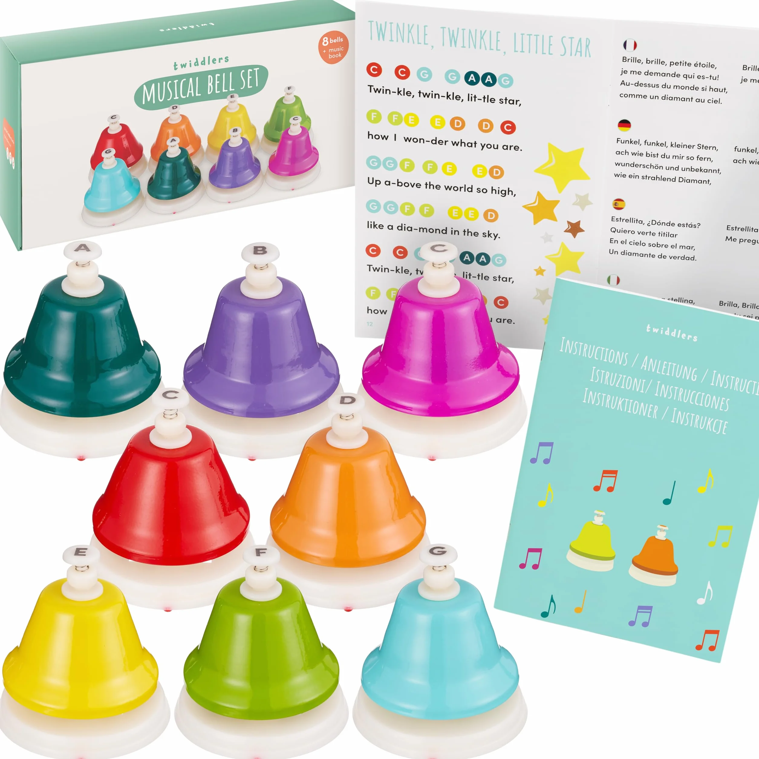 THE TWIDDLERS Campanas Musicales Arcoíris, Juego de 8 Campanas de Percusión de Mano para Niños, con Libro de Música