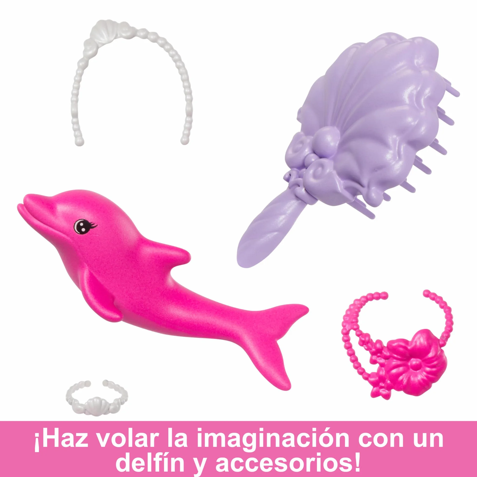 Barbie Muñeca sirena Malibú que cambia de color con el agua con accesorios de moda y delfín, serie Un toque de magia, juguete +3 años (Mattel HRP97)