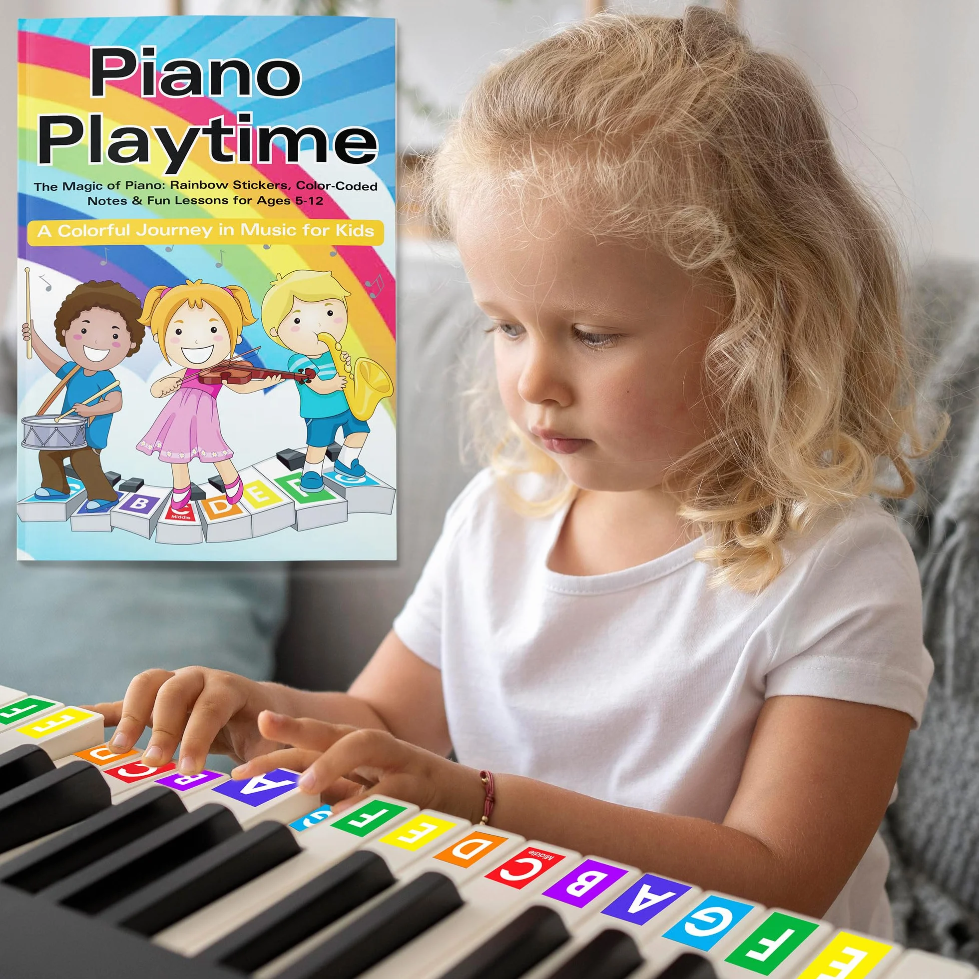 QMG Calcomanía de piano y teclado de color arcoíris y libro de aprendizaje de piano para niños, instrucciones fáciles de seguir para niños, libro de piano para principiantes para niños, partituras de
