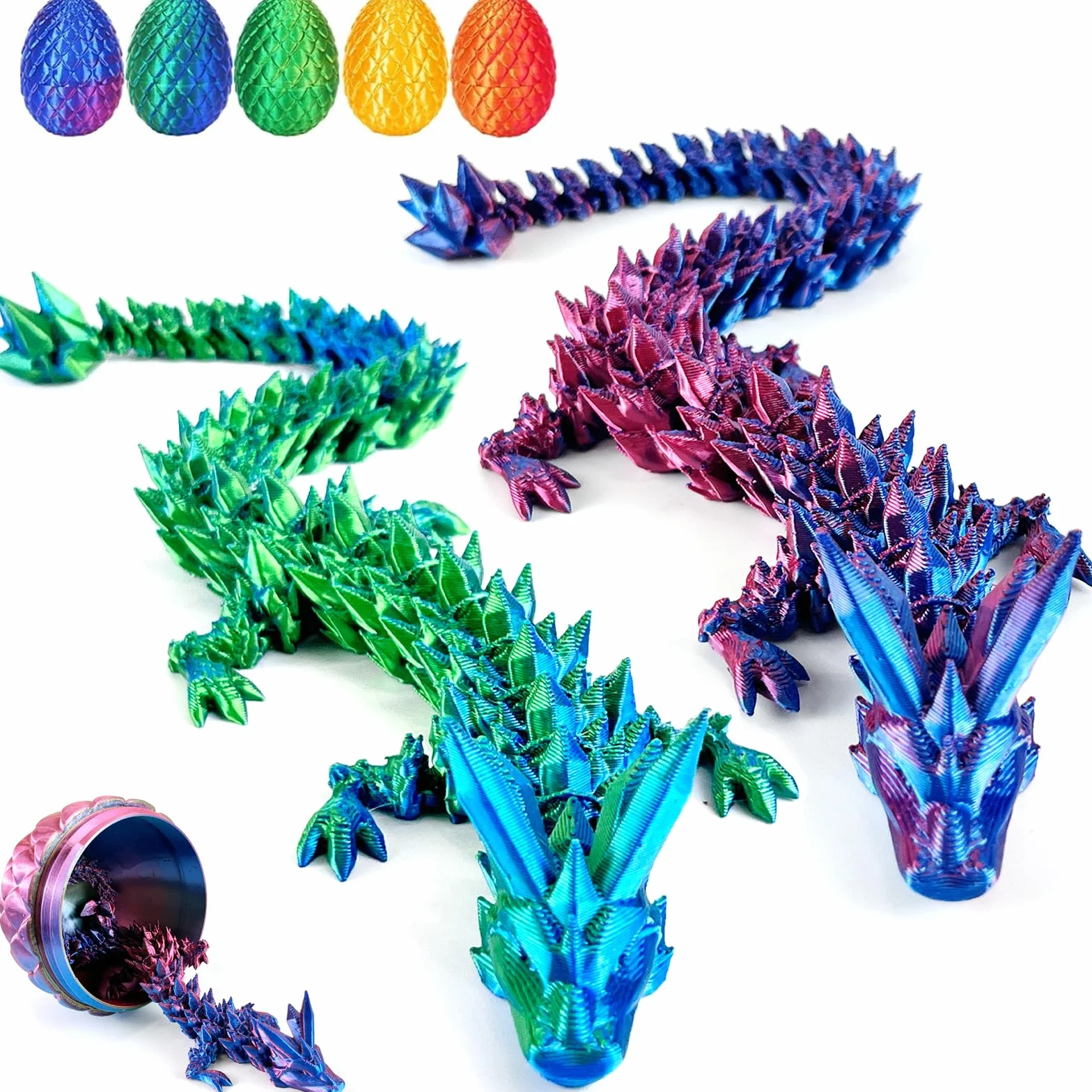 2PC 23CM Dragón Impreso en 3D, Juego de Huevo de Dragón, Juguete Fidget de Dragón, Huevos de Pascua, Articulaciones Flexibles, Decoración del Hogar, Juguete de Escritorio